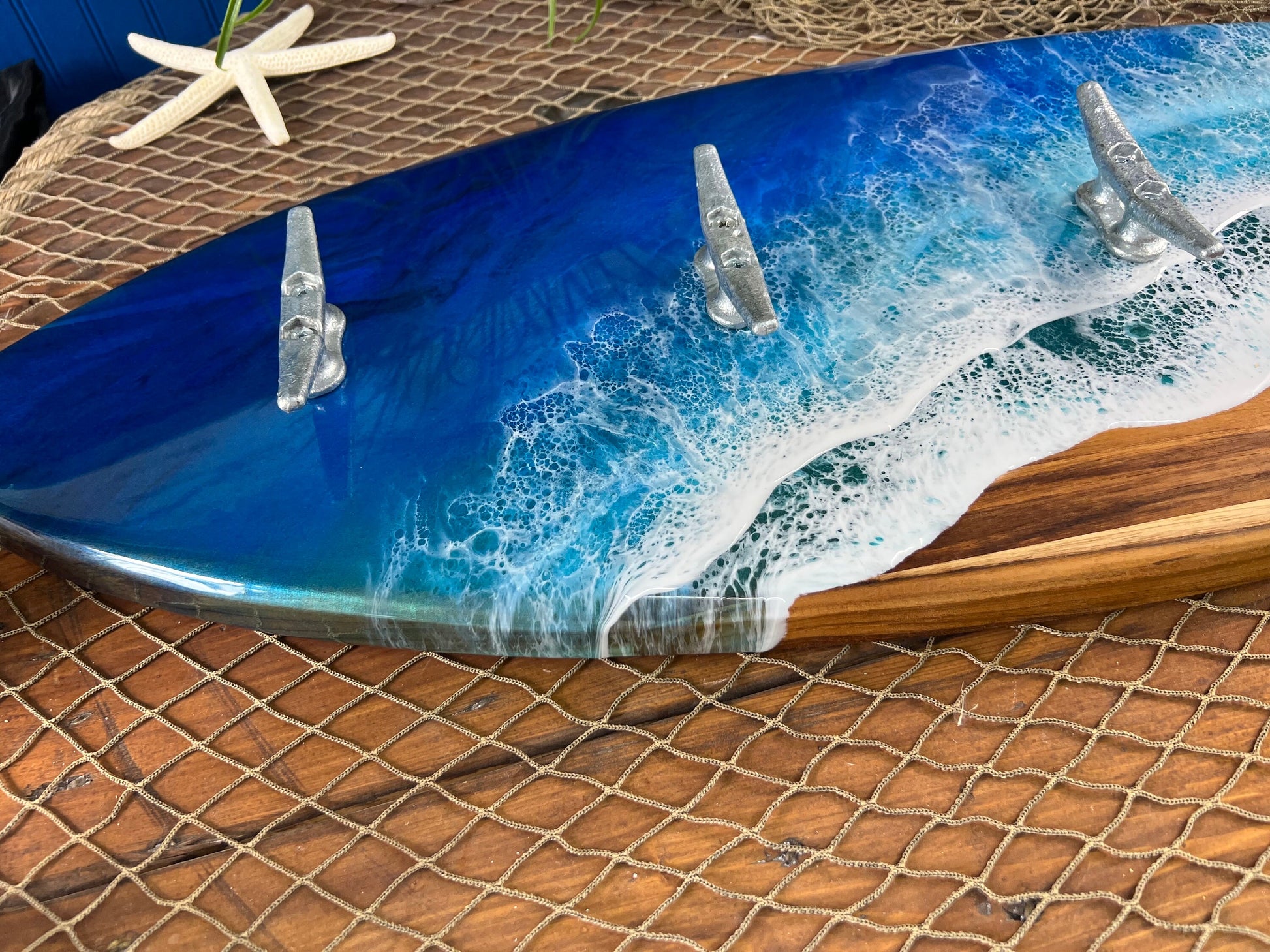 Ocean Waves Epoxy Resin 3’ Teak Surfboard with dock cleats/hooks