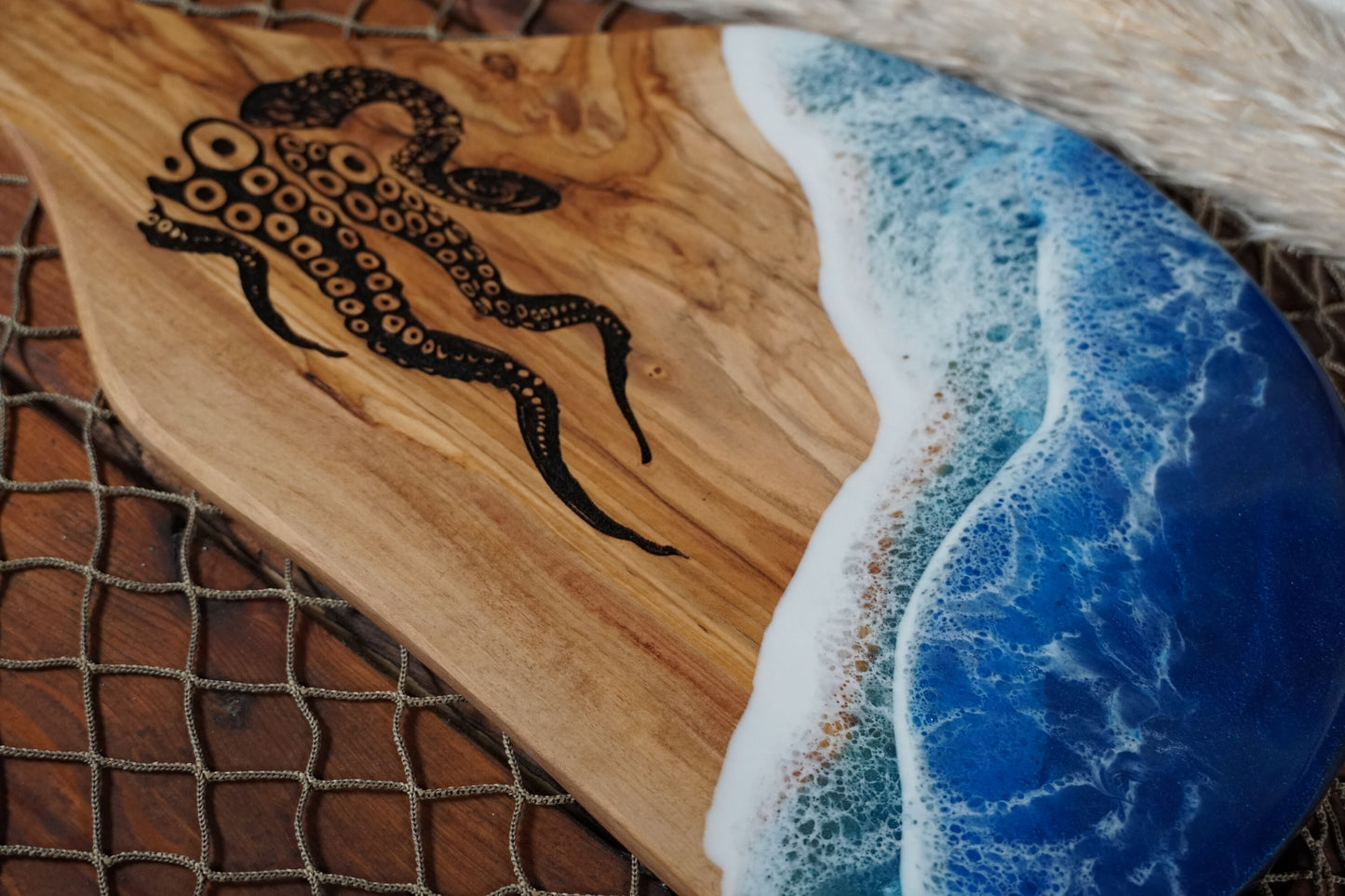 Kraken Ocean Waves Olive Wood Charcuterie Board/Serving Board