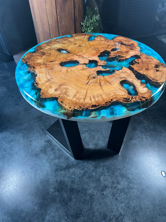 Ocean view Sea shell, Blue, Olive Wood Round Table, coffee table, accent table