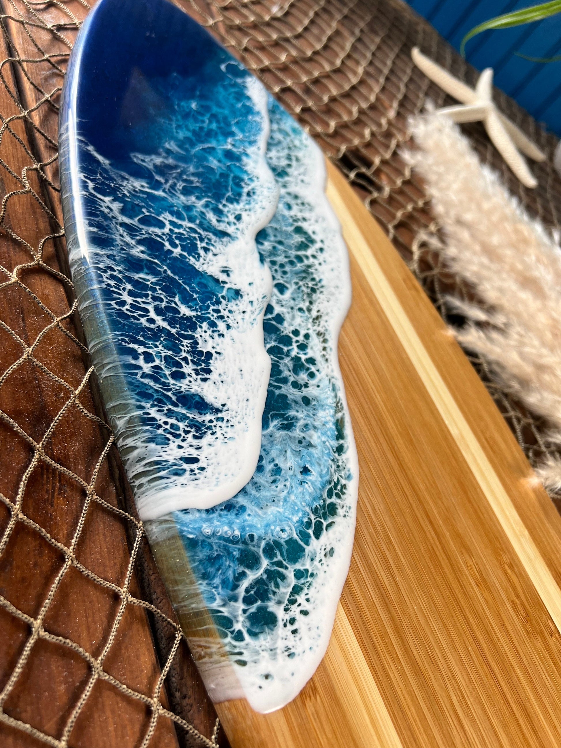 Ocean Waves Resin on Bamboo Surfboard, Serving Tray, Charcuterie Board, Wall Art