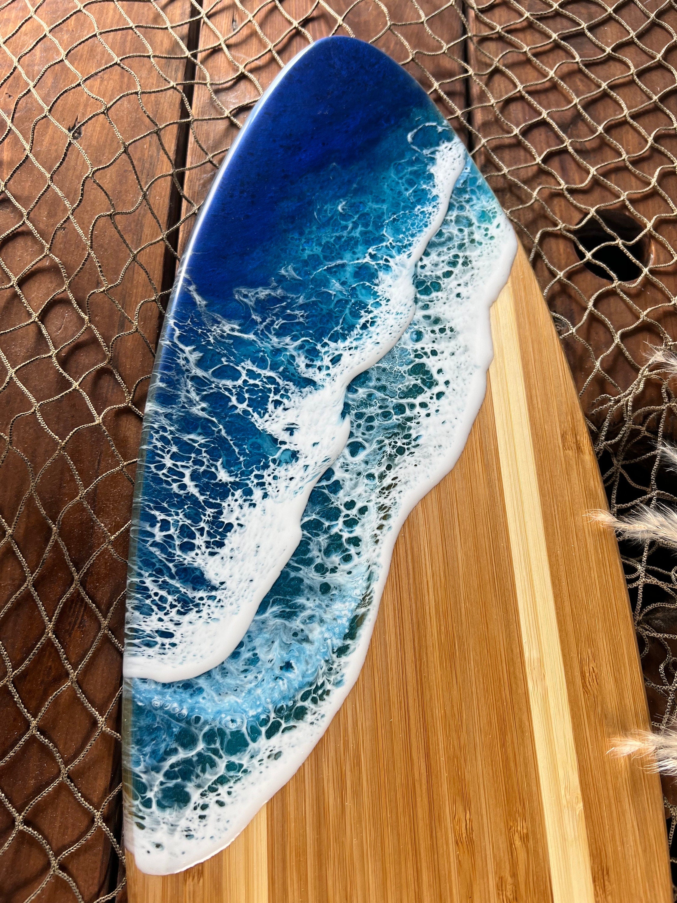 Teak Ocean Waves Resin hot Surfboard, Serving Tray, Charcuterie Board, Wall Art