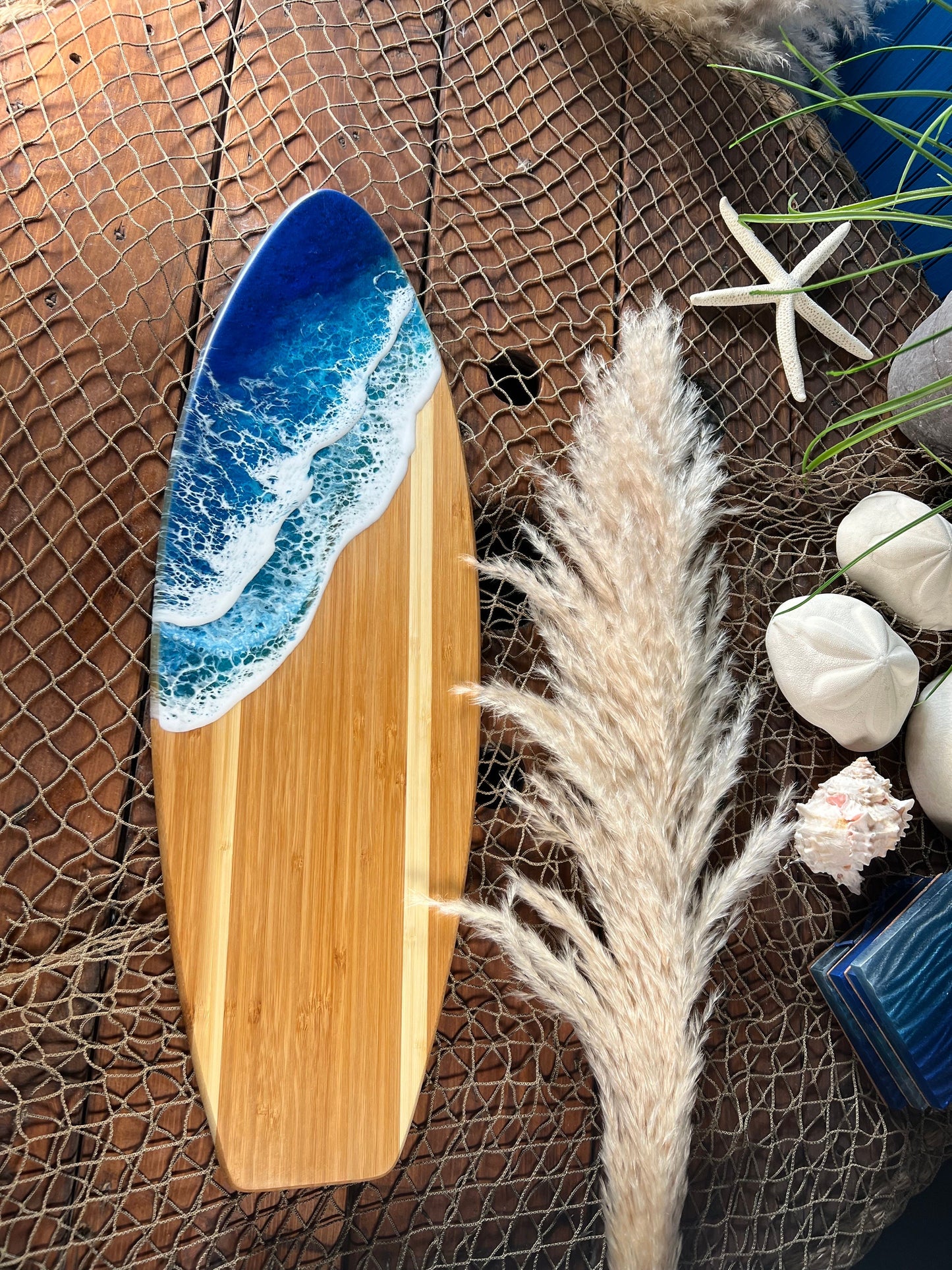 Ocean Waves Resin on Bamboo Surfboard, Serving Tray, Charcuterie Board, Wall Art