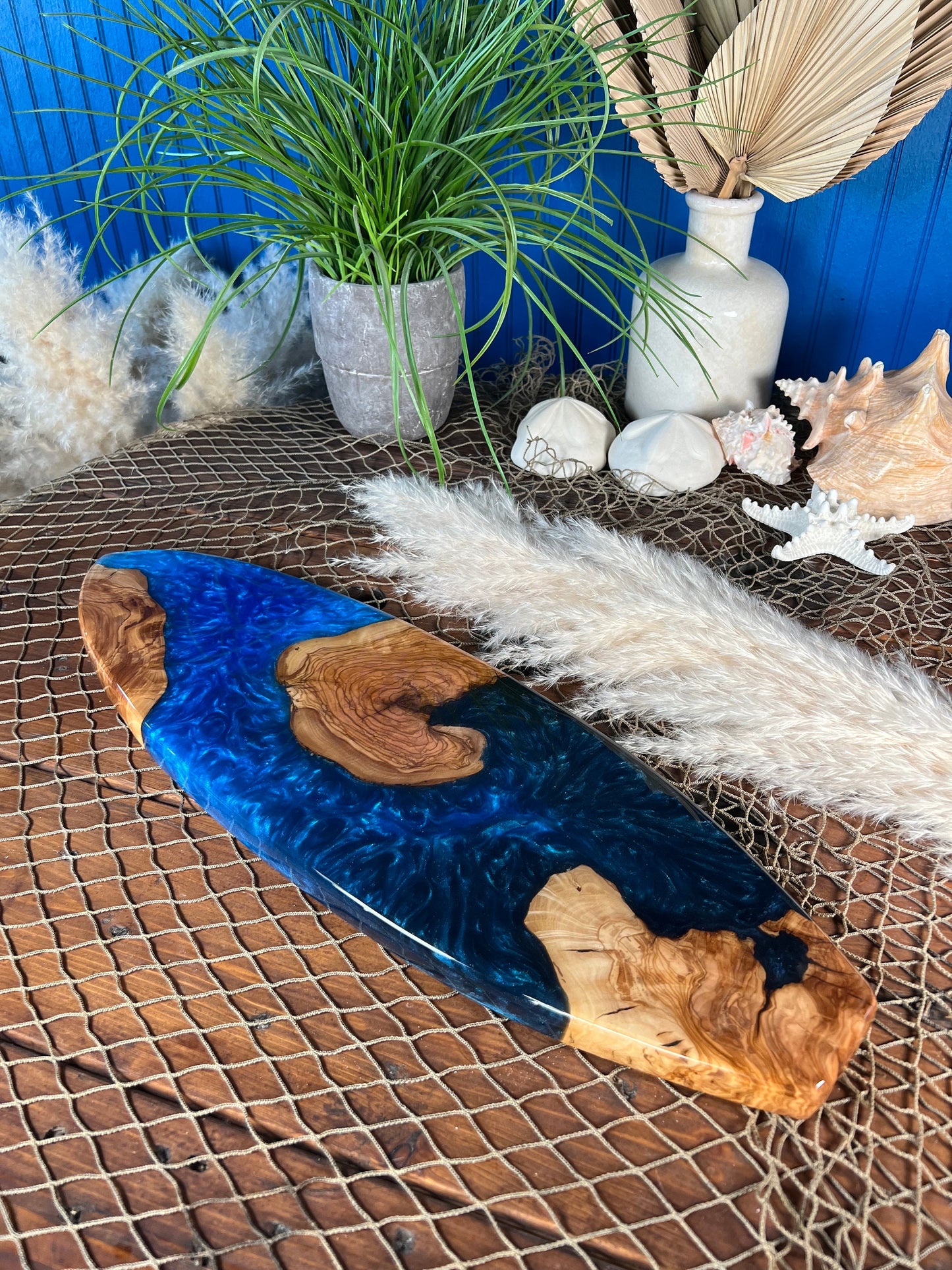 Ocean Blue, Olive Wood and Resin Surfboard, Serving Tray, Charcuterie Board, Wall Art