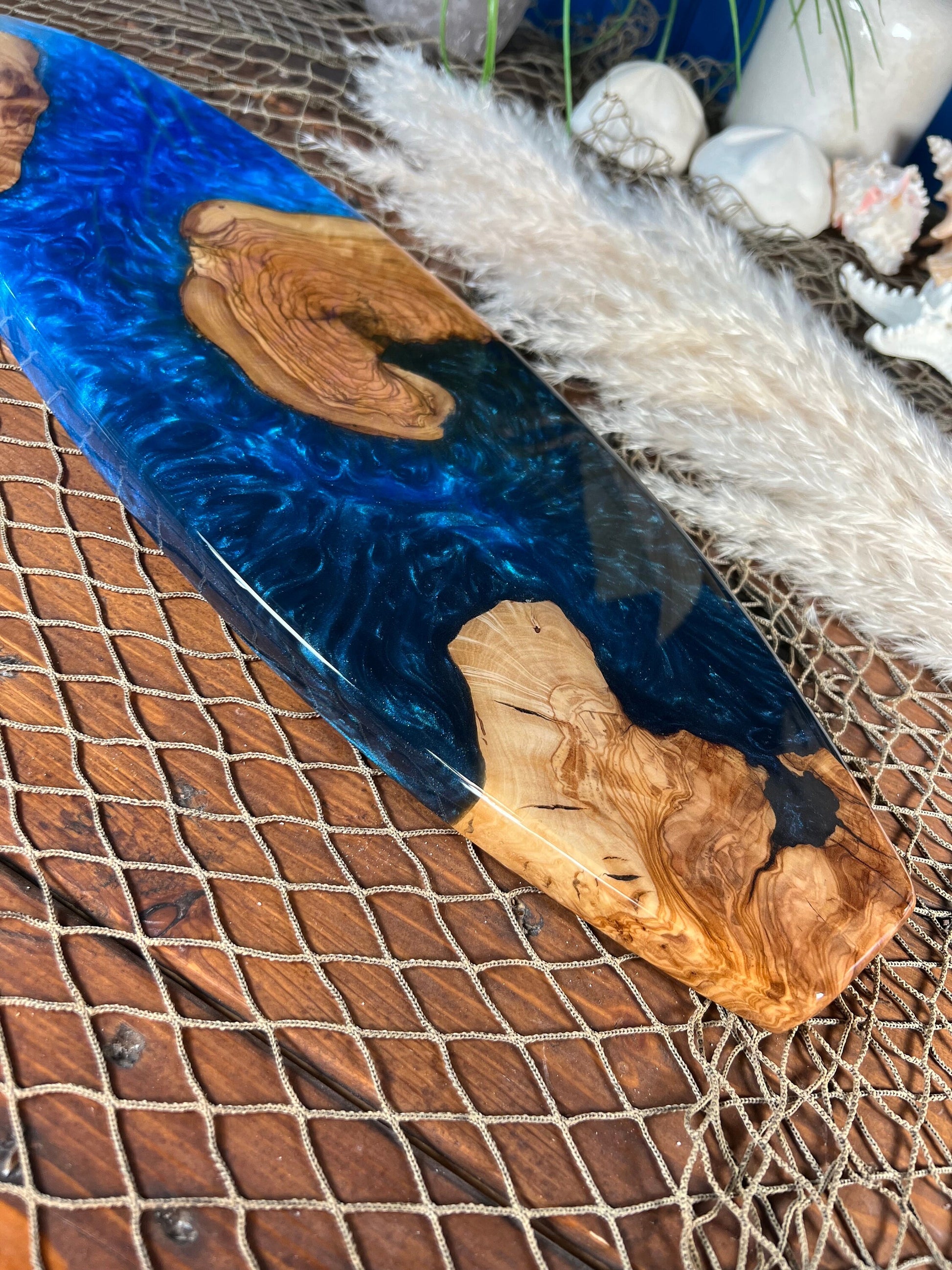 Ocean Blue, Olive Wood and Resin Surfboard, Serving Tray, Charcuterie Board, Wall Art