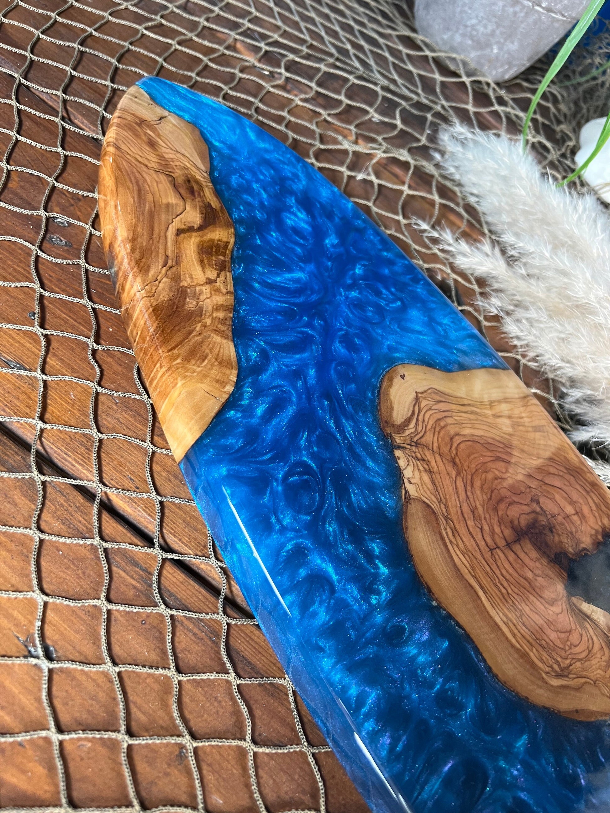 Ocean Blue, Olive Wood and Resin Surfboard, Serving Tray, Charcuterie Board, Wall Art