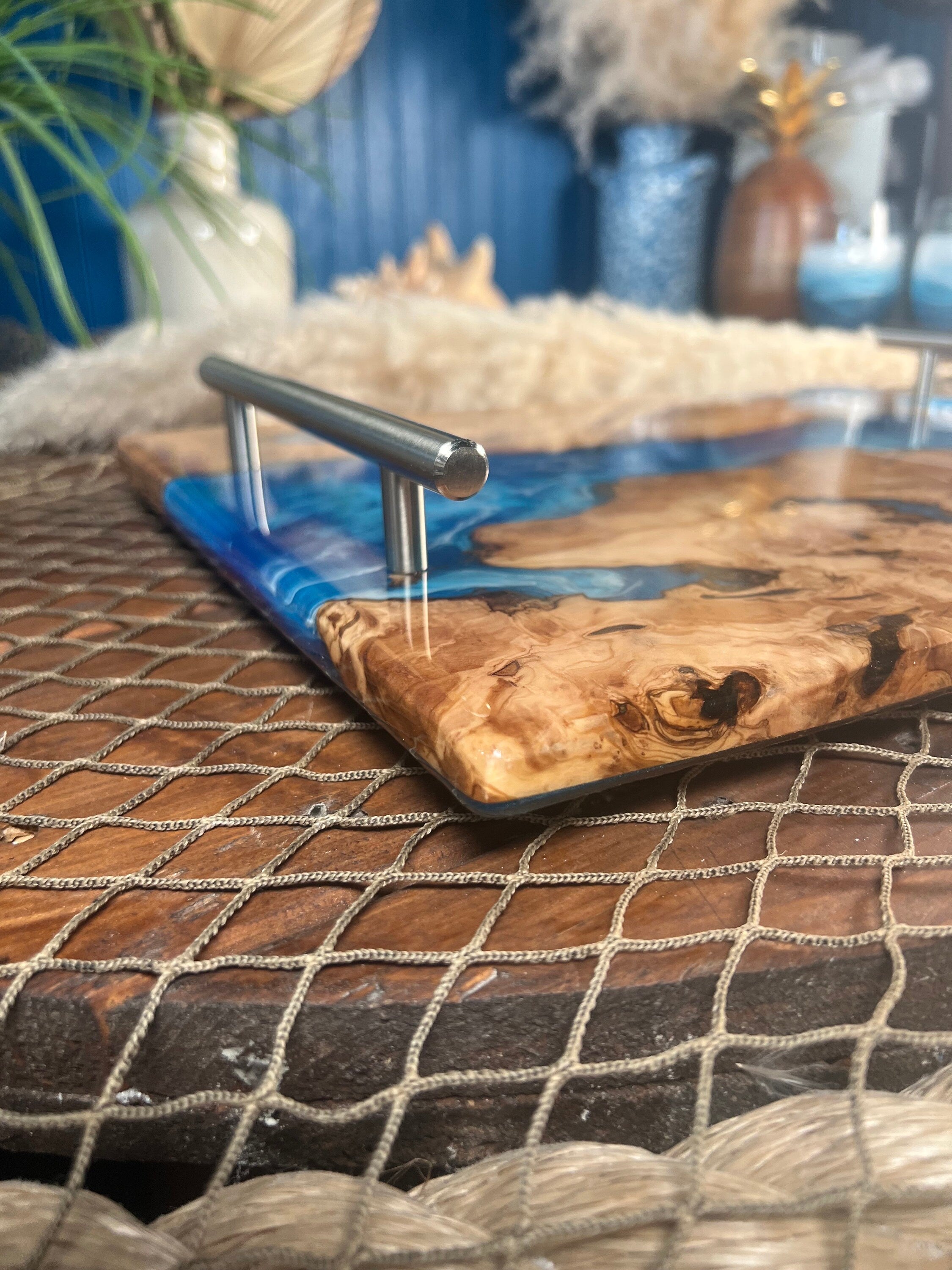 Online Ocean Charcuterie | Epoxy Resin, Wooden Serving Tray | Beach, Ocean Wave | Home Decor