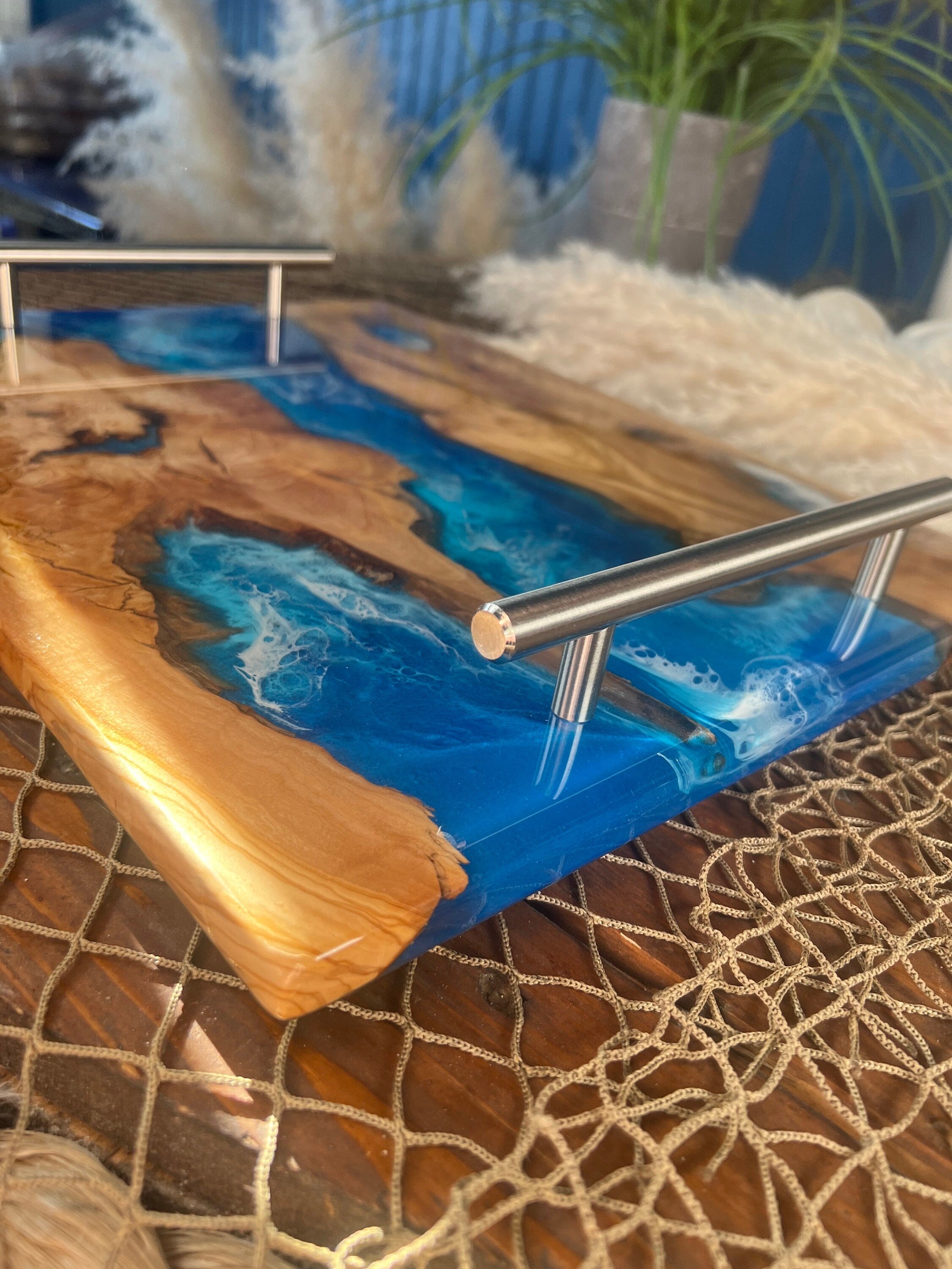 Online Ocean Charcuterie | Epoxy Resin, Wooden Serving Tray | Beach, Ocean Wave | Home Decor