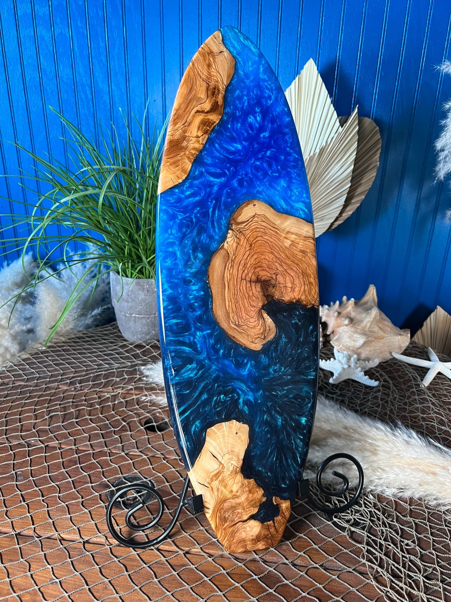 Ocean Blue, Olive Wood and Resin Surfboard, Serving Tray, Charcuterie Board, Wall Art