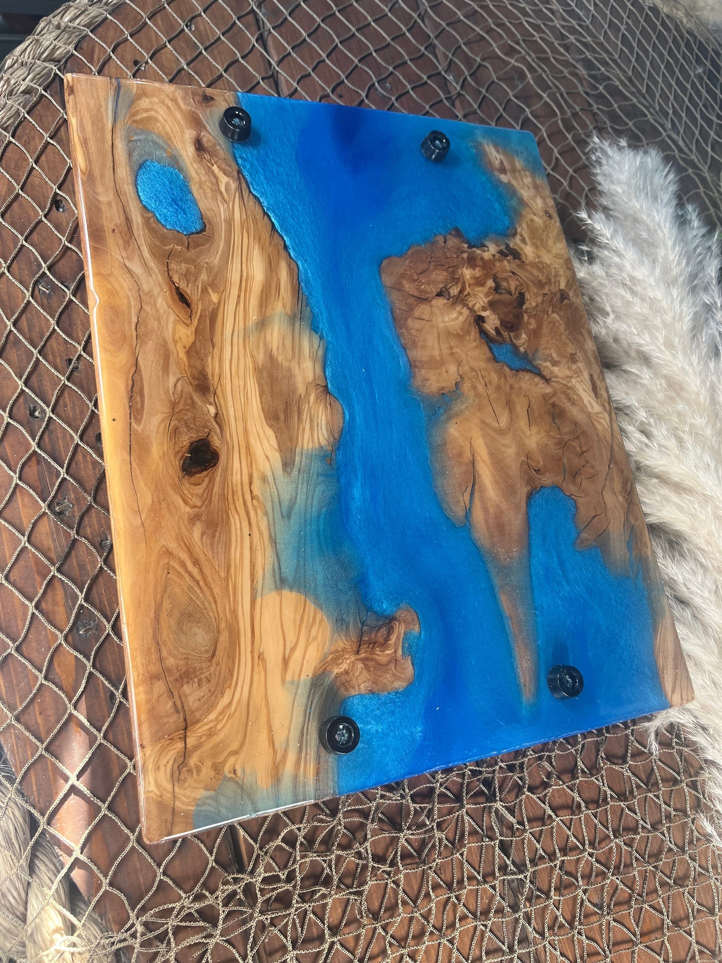 Olive Wood Ocean Waves, Resin Serving Tray, Charcuterie Board, Cheeseboard