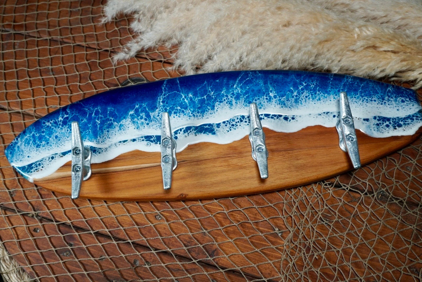 Teak wood Ocean Waves Resin Surfboard coat or towel hanger