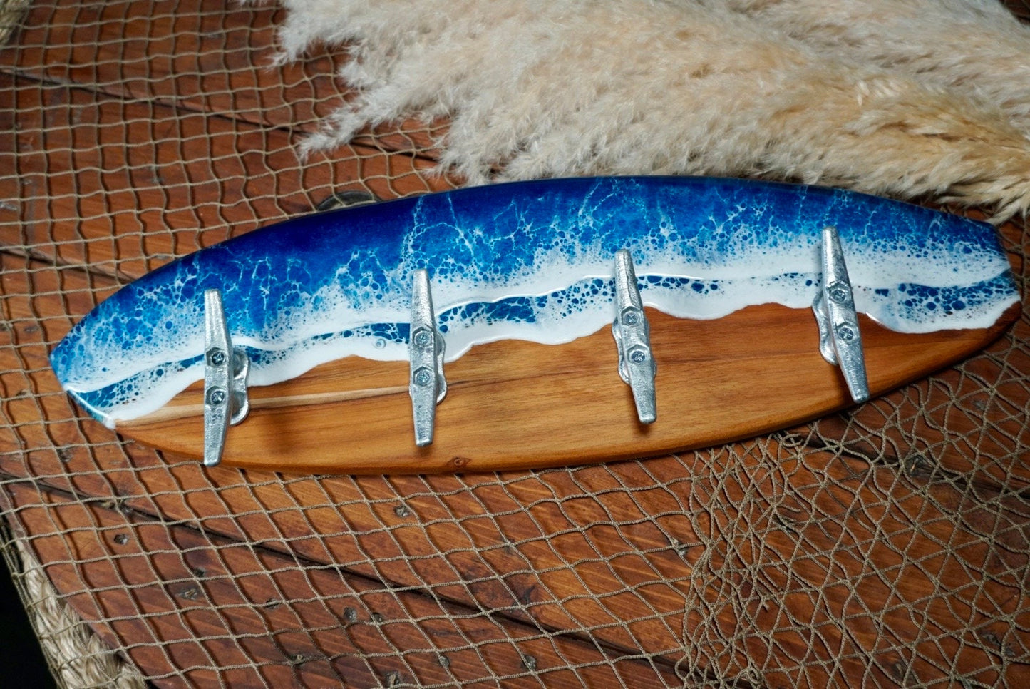 Teak wood Ocean Waves Resin Surfboard coat or towel hanger