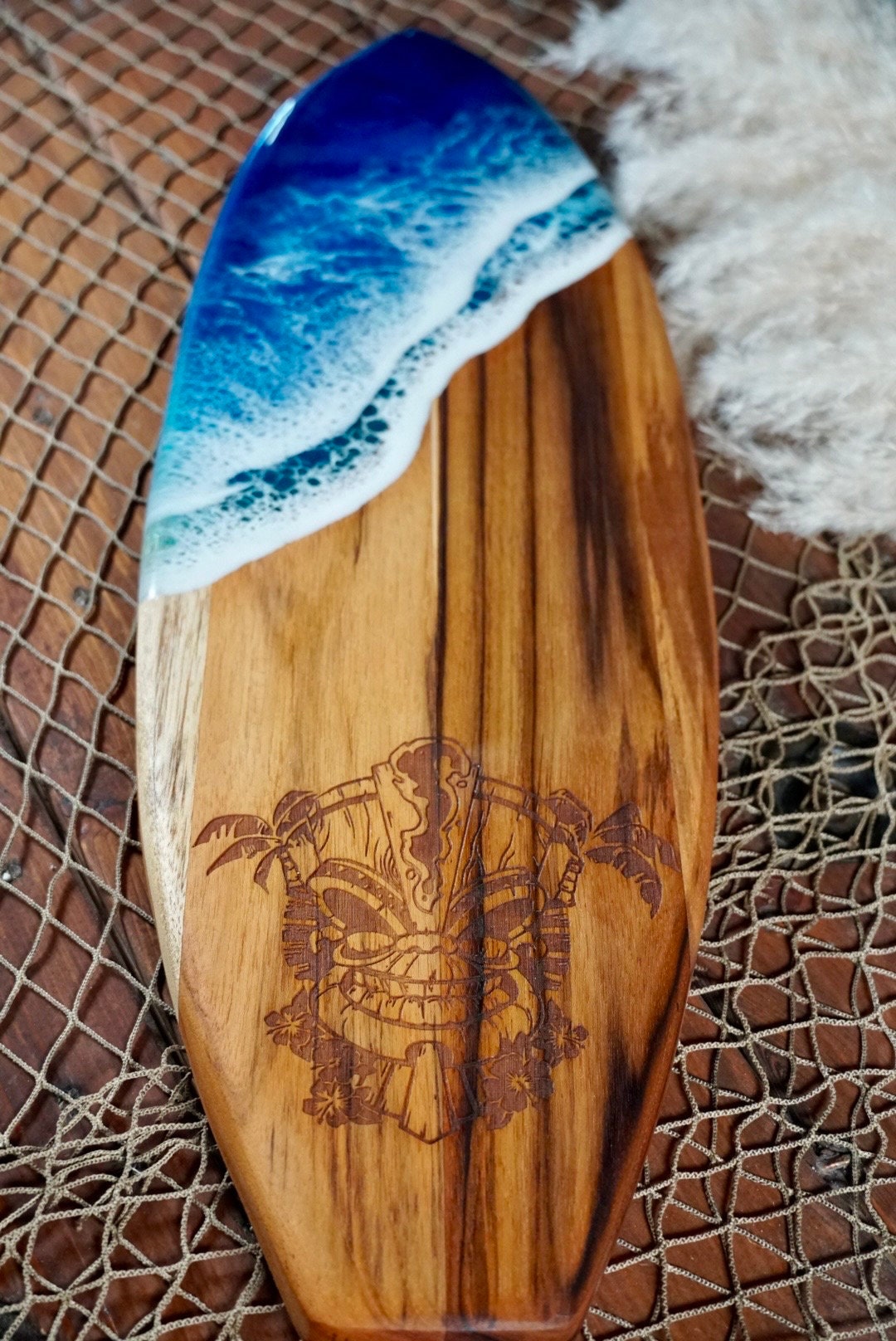 Tikki man Teak Ocean Waves Resin Surfboard, Serving Tray, Charcuterie Board, Wall Art
