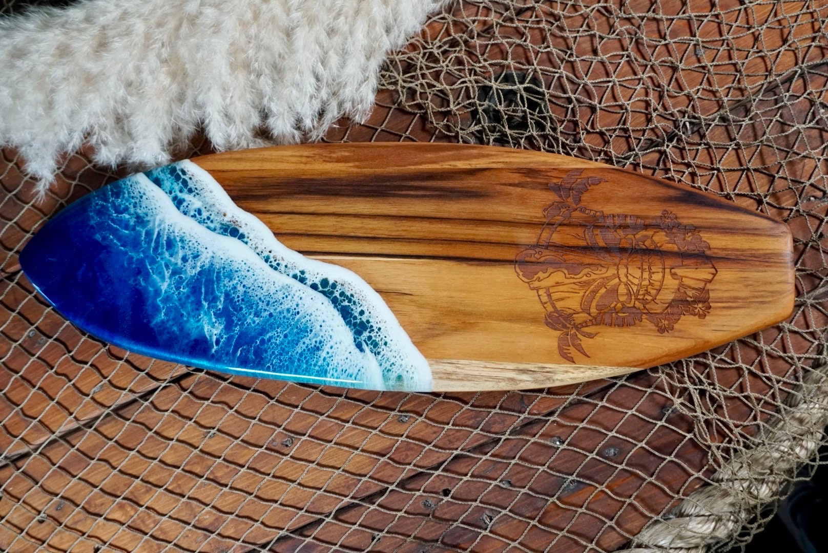 Tikki man Teak Ocean Waves Resin Surfboard, Serving Tray, Charcuterie Board, Wall Art