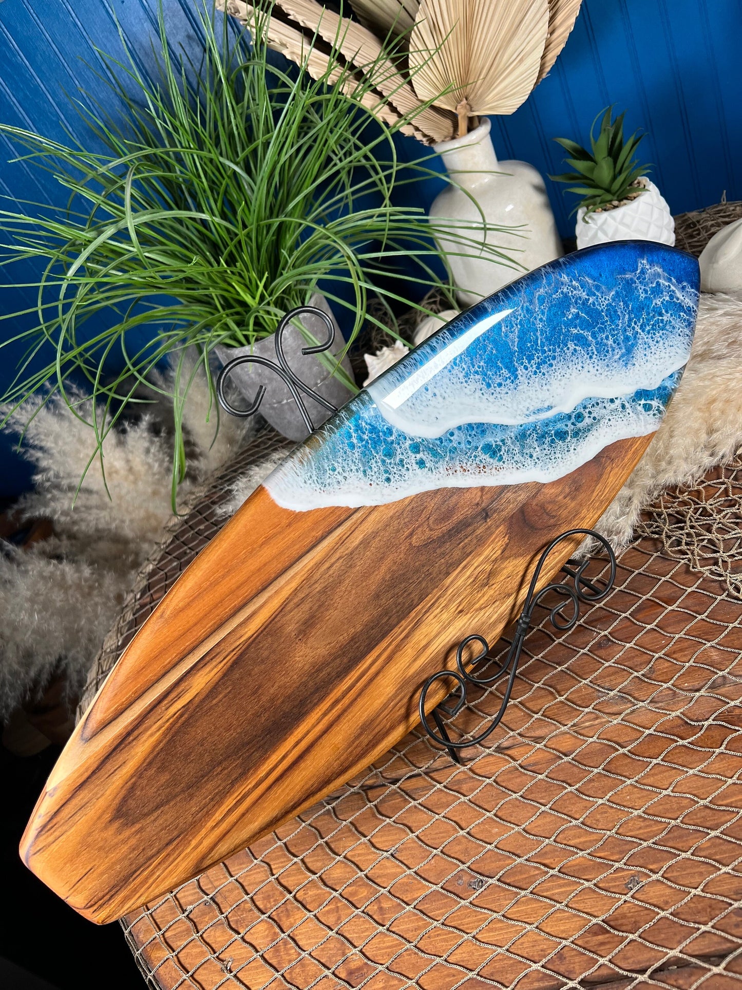 Teak Ocean Waves Resin Surfboard, Serving Tray, Charcuterie Board, Wall Art