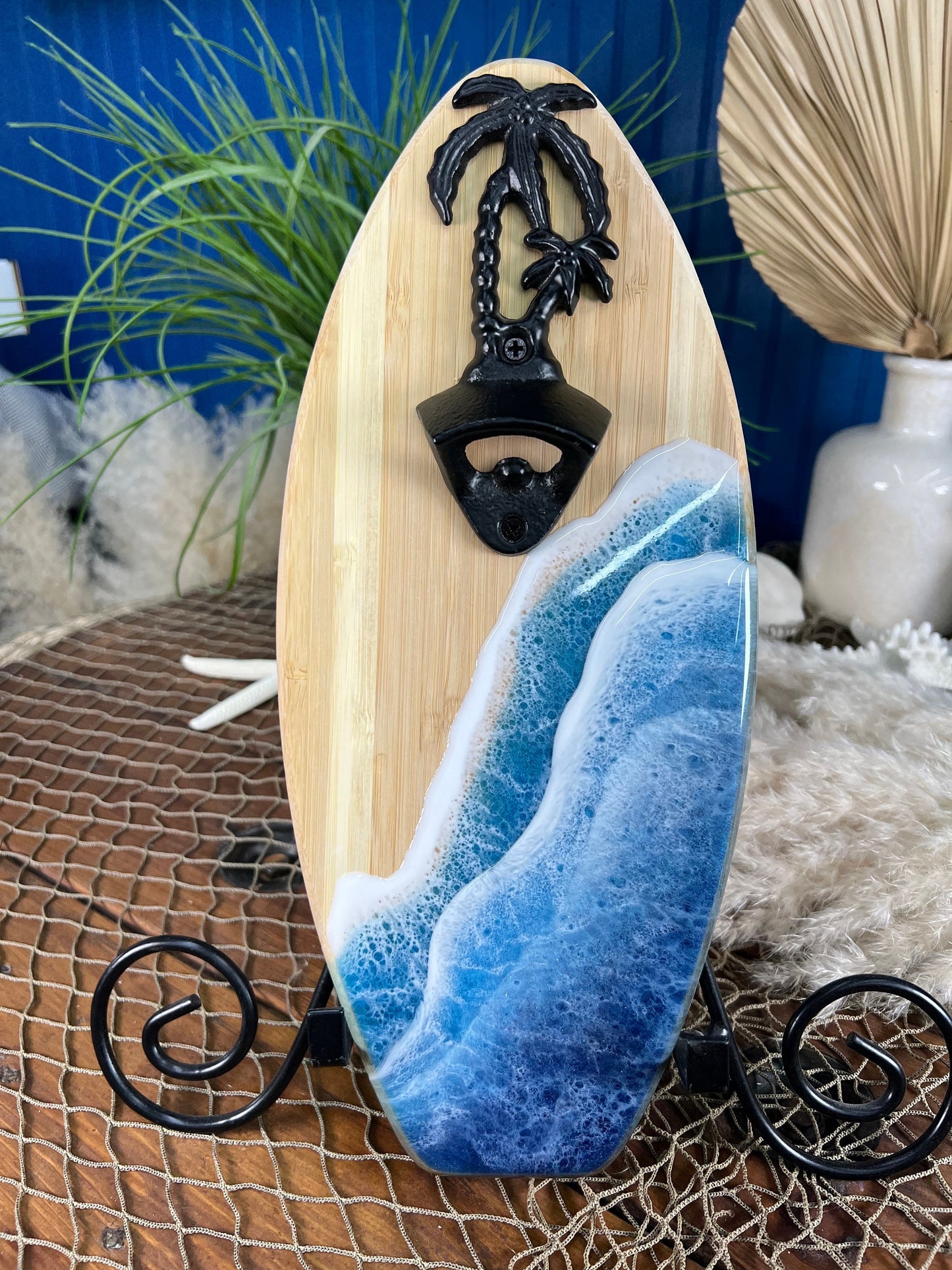 Surfboard Palm Tree Bottle Opener with Resin Waves