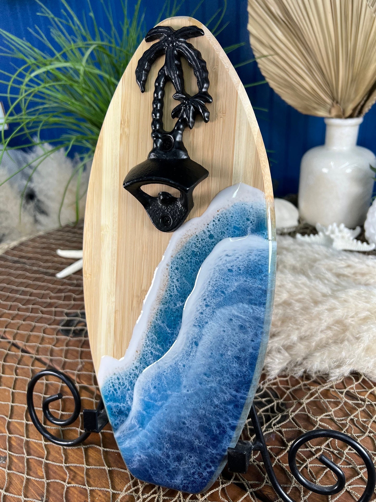 Surfboard Palm Tree Bottle Opener with Resin Waves