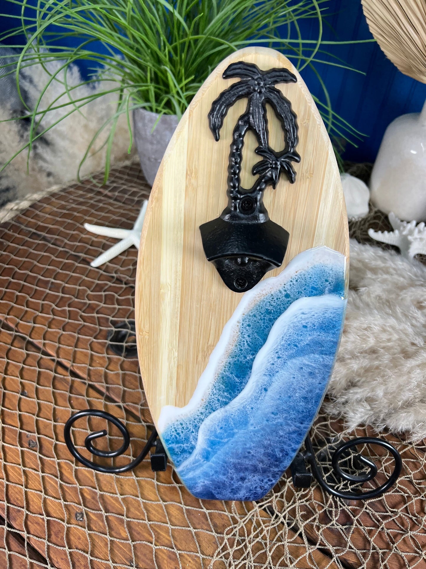 Surfboard Palm Tree Bottle Opener with Resin Waves