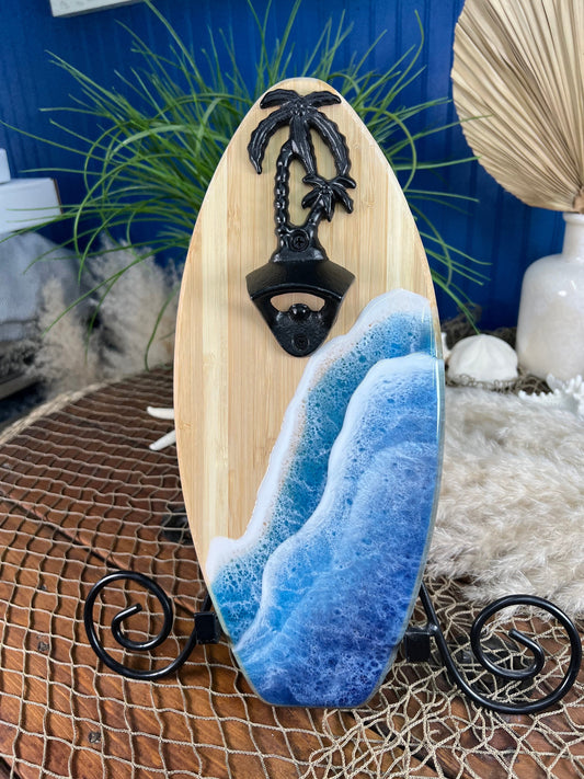 Surfboard Palm Tree Bottle Opener with Resin Waves