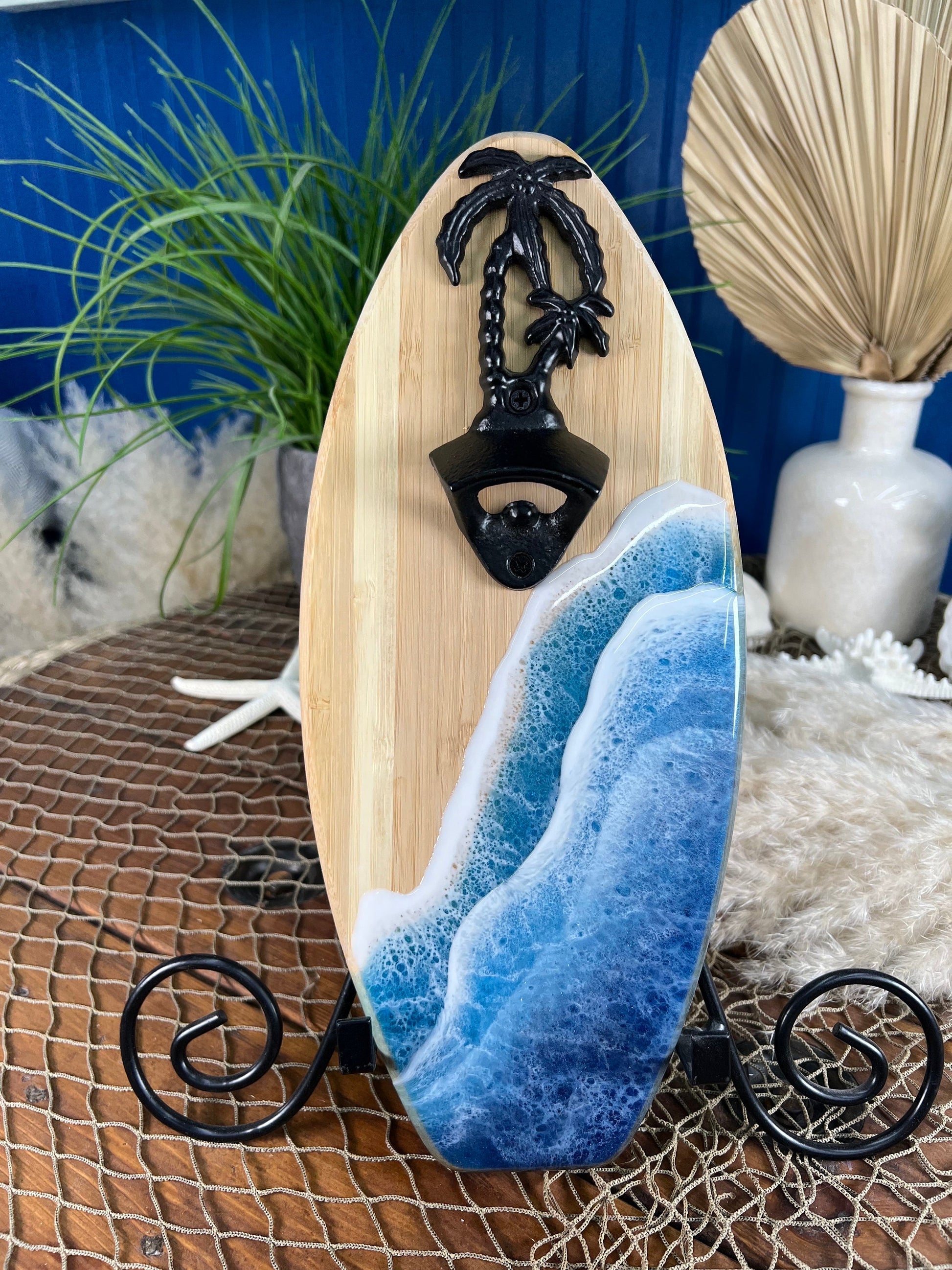 Surfboard Palm Tree Bottle Opener with Resin Waves