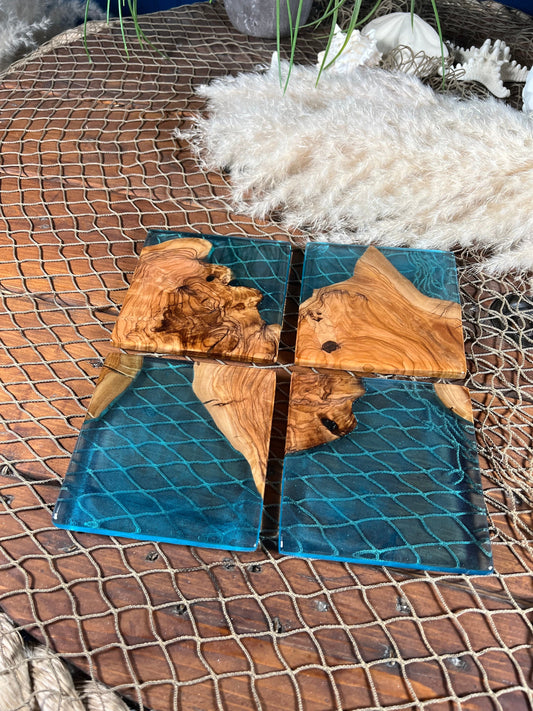 Aqua Blue/Green Resin and Olive Wood Coasters