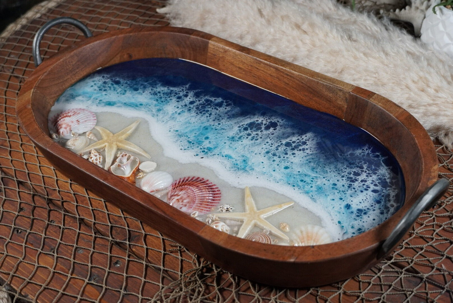 Ocean Waves Oval Serving Tray with Handles