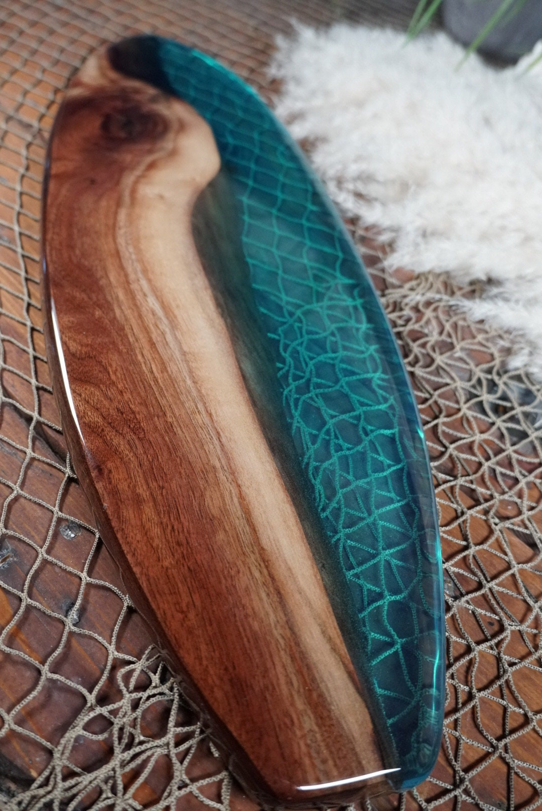 Aqua Blue/Green Transparent Surfboard, Serving Tray, Charcuterie Board, Wall Art