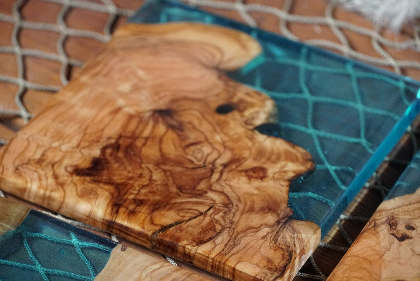Aqua Blue/Green Resin and Olive Wood Coasters