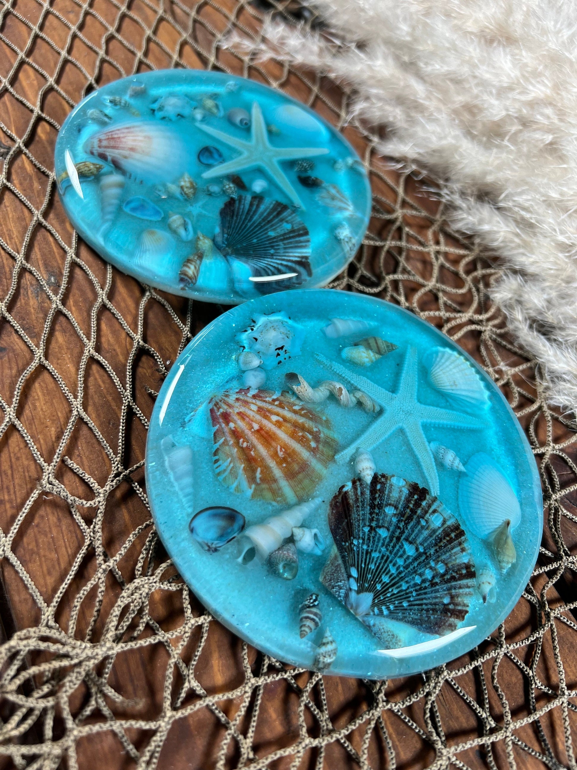 Turquoise Blue Tropical Ocean Sea Shell Resin Epoxy Coasters