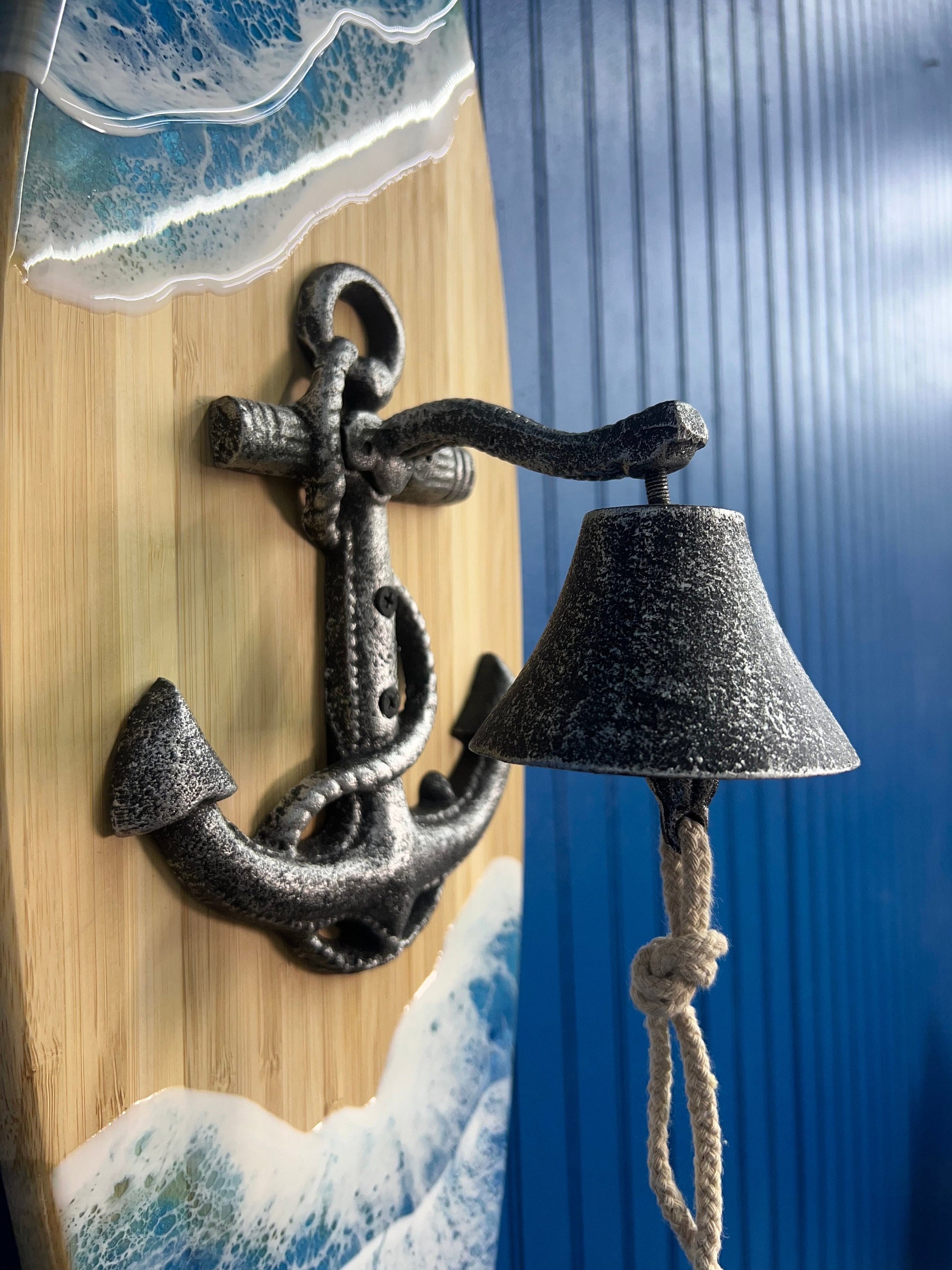 Nautical Anchor Bell Surfboard with Ocean Waves, Wall Art