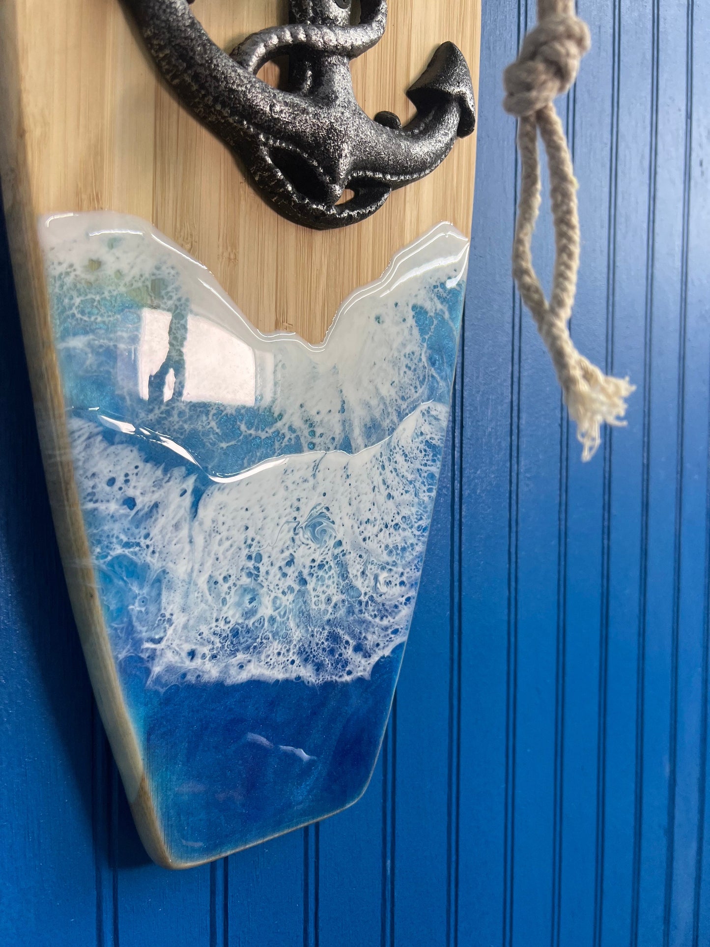 Nautical Anchor Bell Surfboard with Ocean Waves, Wall Art