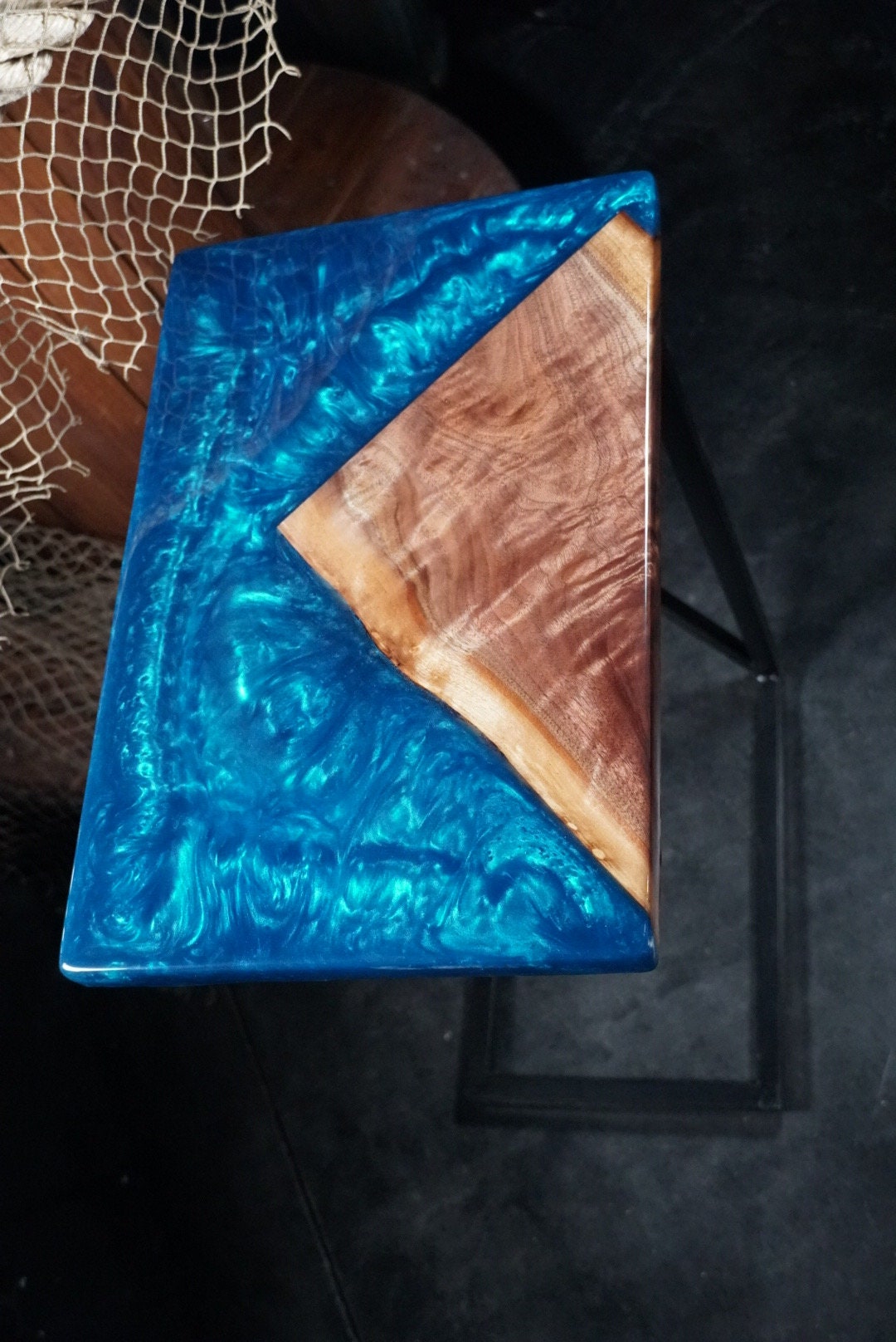 Blue Epoxy and Walnut Wood Accent Table, Side Table, End Table, C-Table