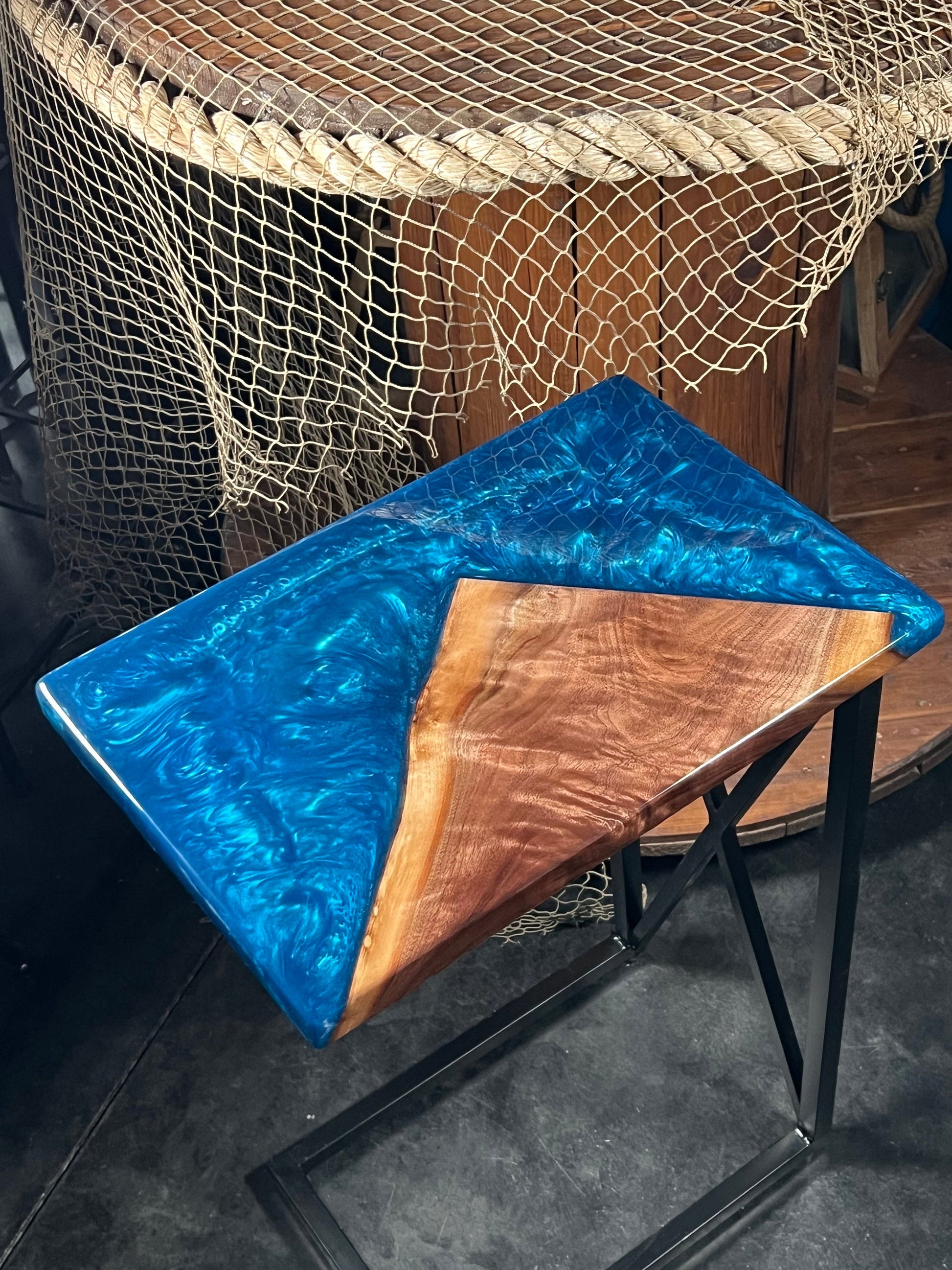 Blue Epoxy and Walnut Wood Accent Table, Side Table, End Table, C-Table