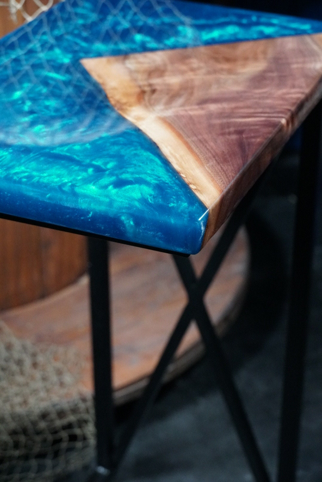 Blue Epoxy and Walnut Wood Accent Table, Side Table, End Table, C-Table