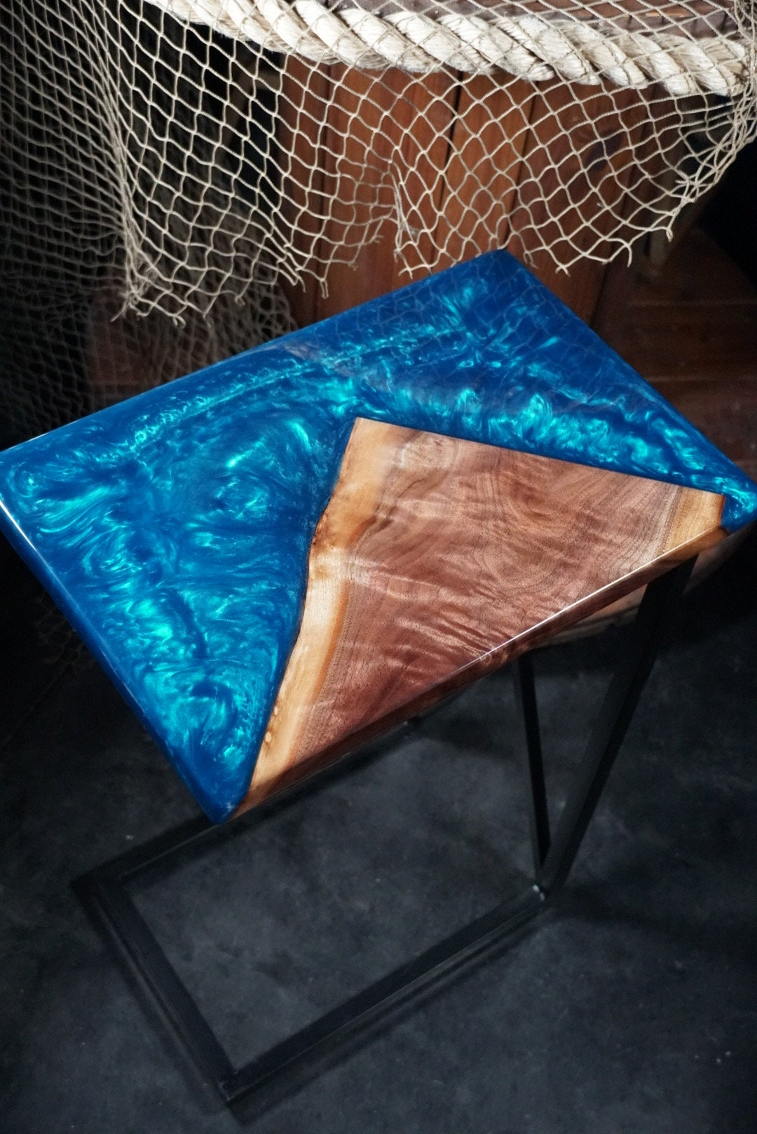 Blue Epoxy and Walnut Wood Accent Table, Side Table, End Table, C-Table