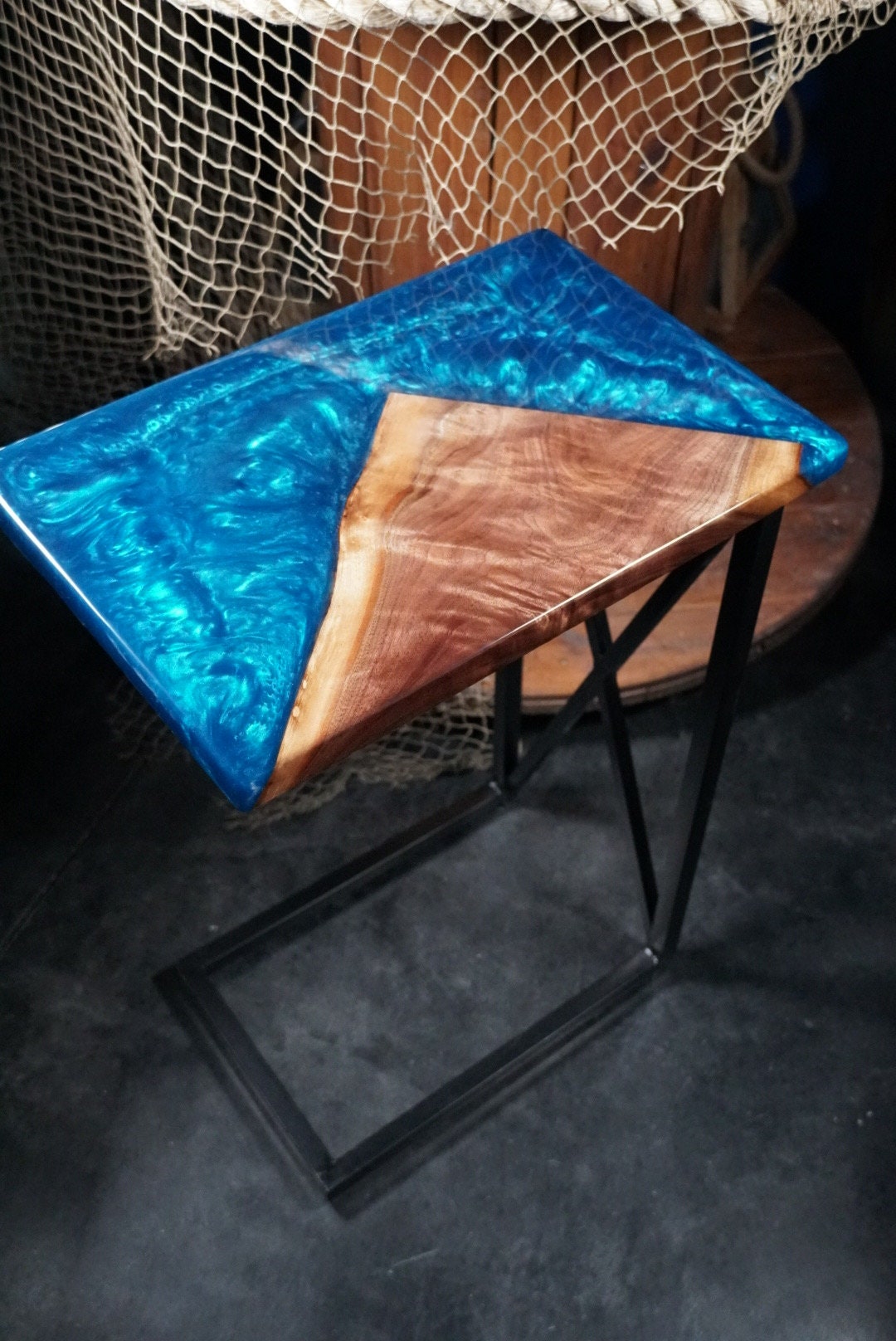 Blue Epoxy and Walnut Wood Accent Table, Side Table, End Table, C-Table