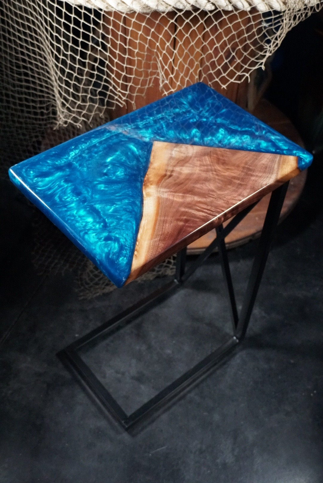 Blue Epoxy and Walnut Wood Accent Table, Side Table, End Table, C-Table