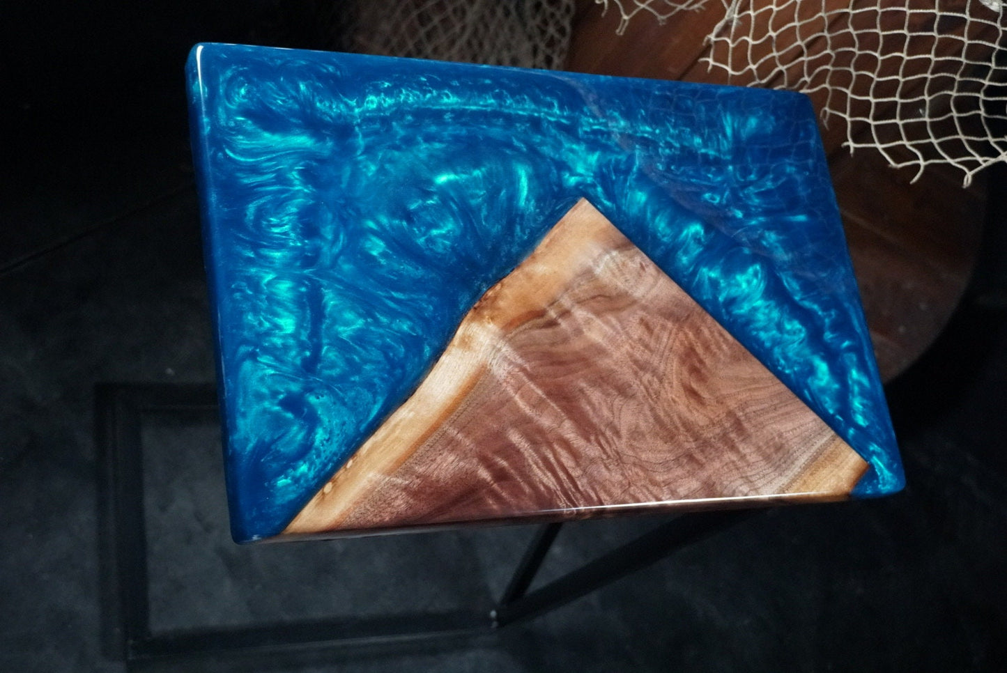 Blue Epoxy and Walnut Wood Accent Table, Side Table, End Table, C-Table