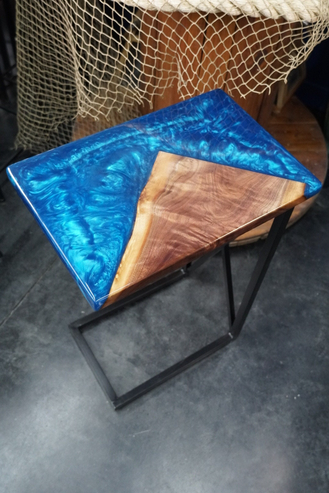 Blue Epoxy and Walnut Wood Accent Table, Side Table, End Table, C-Table