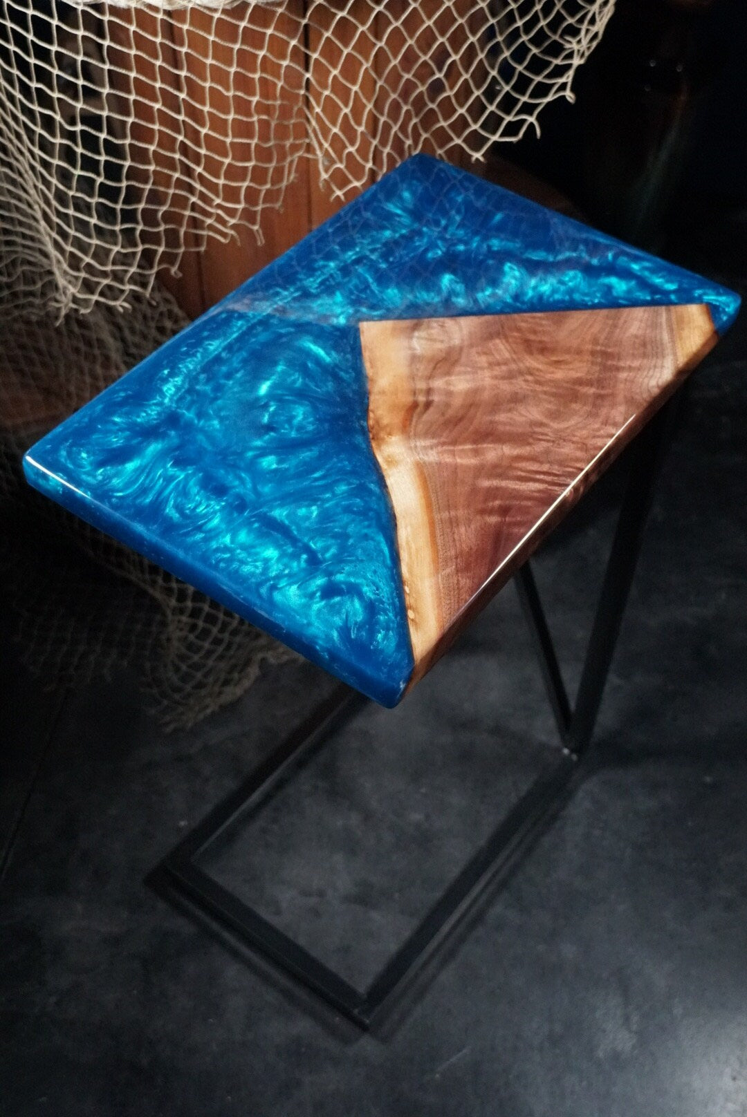 Blue Epoxy and Walnut Wood Accent Table, Side Table, End Table, C-Table