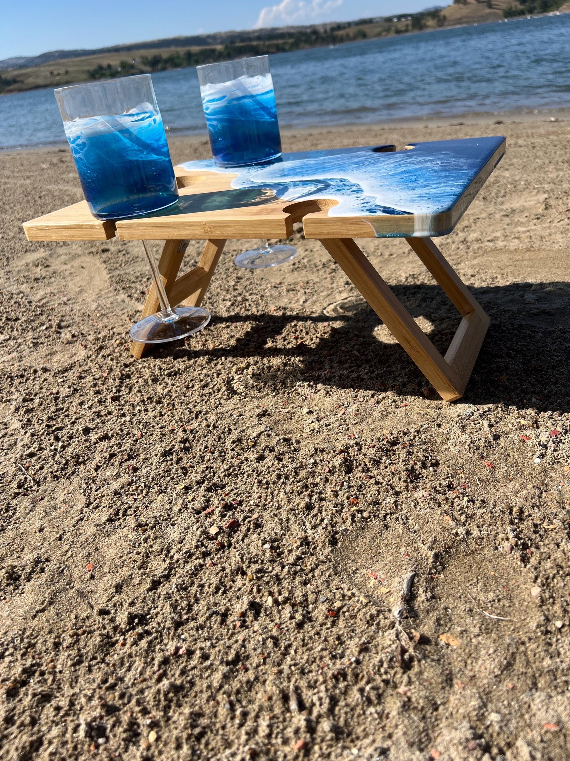 Ocean Waves Bamboo Portable Folding Picnic Table, Serving Tray, Charcuterie Board