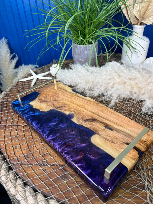 Olive Wood with Blue and Purple Epoxy Resin Charcuterie Board, serving board