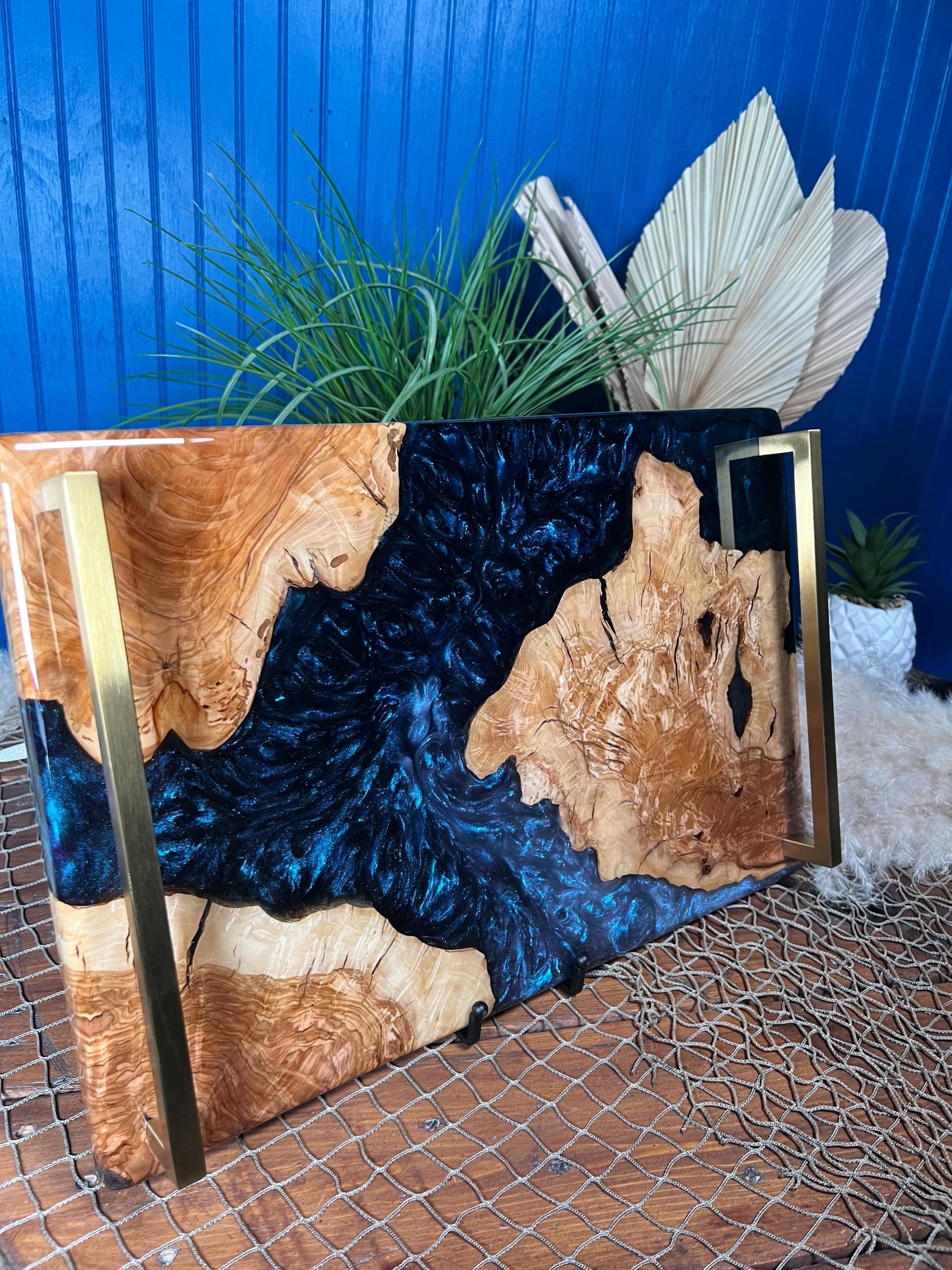 Olive Wood with Blue and Purple Epoxy Resin Charcuterie Board, serving board