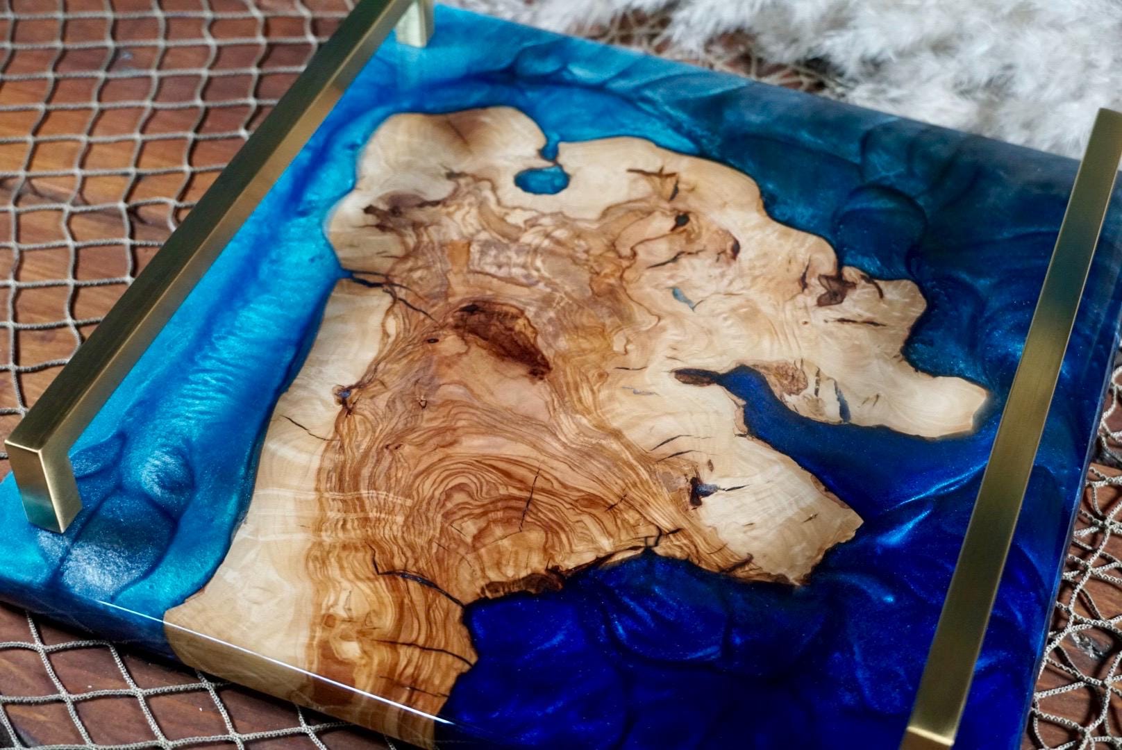 Olive Wood with Blue Epoxy Resin Charcuterie Board, serving board