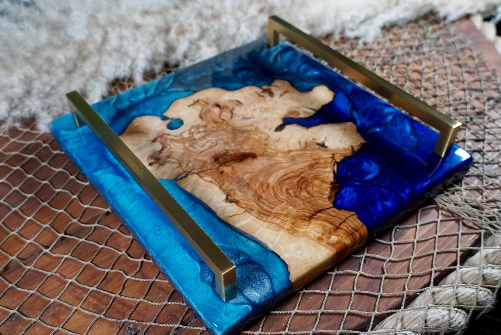 Olive Wood with Blue Epoxy Resin Charcuterie Board, serving board