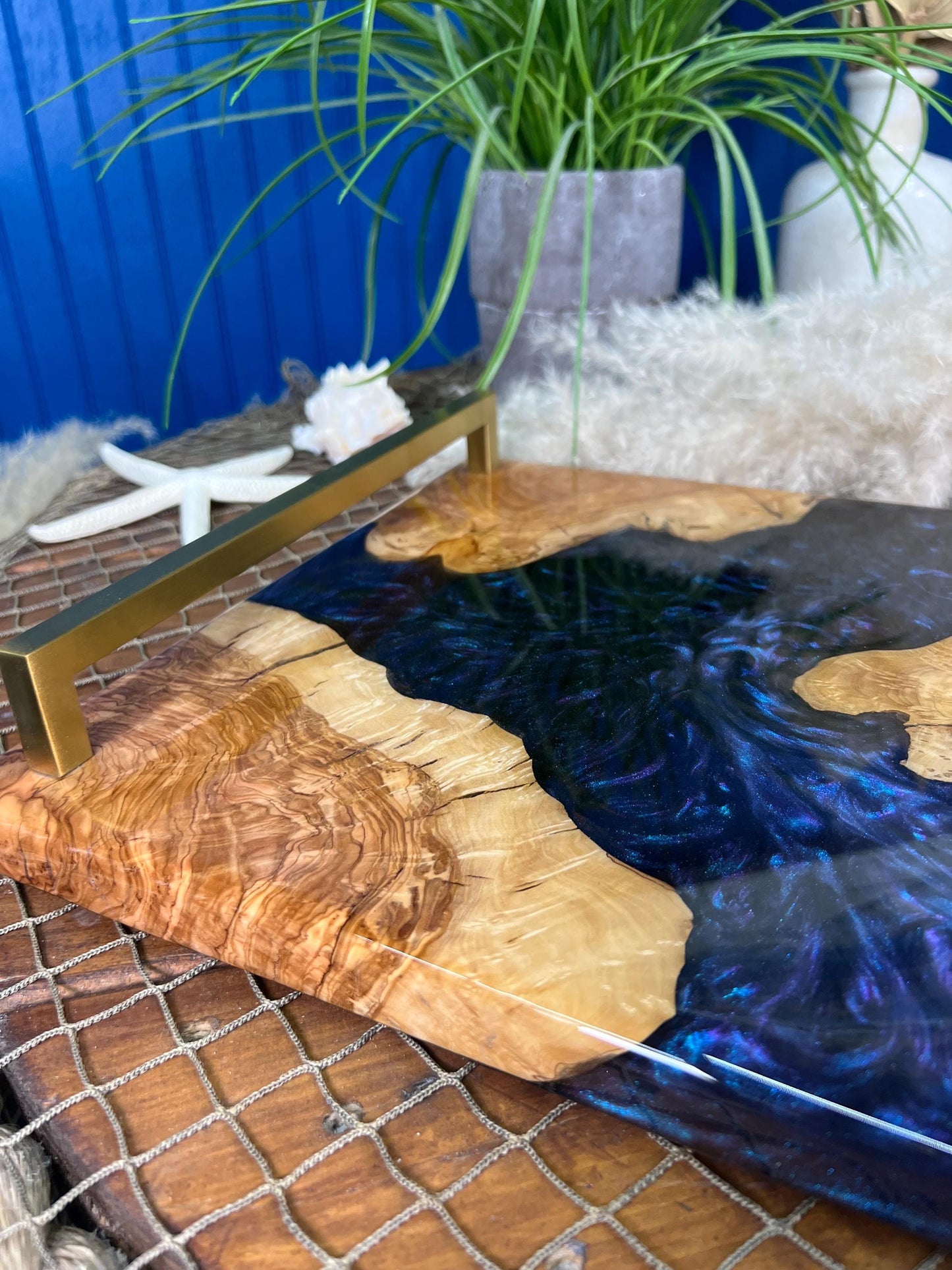 Olive Wood with Blue and Purple Epoxy Resin Charcuterie Board, serving board