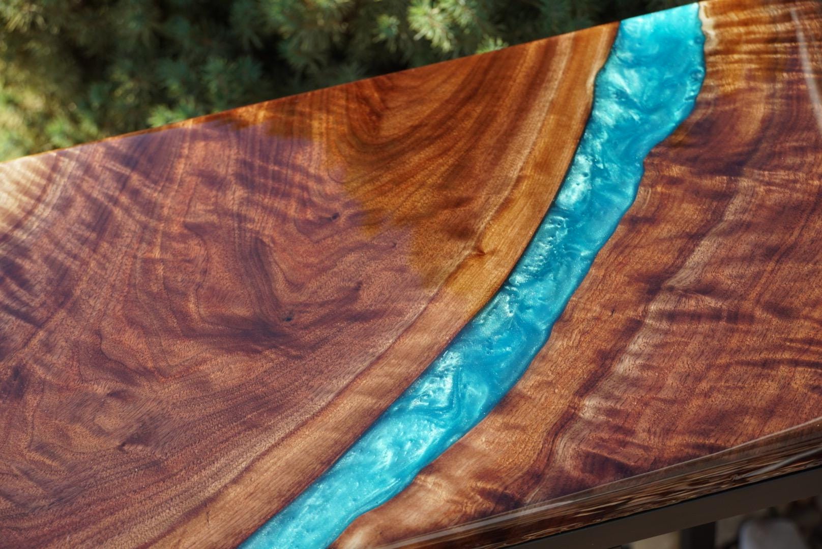 Turquoise Blue Epoxy and Walnut River Table, Accent Table, Side Table, End Table, C-Table