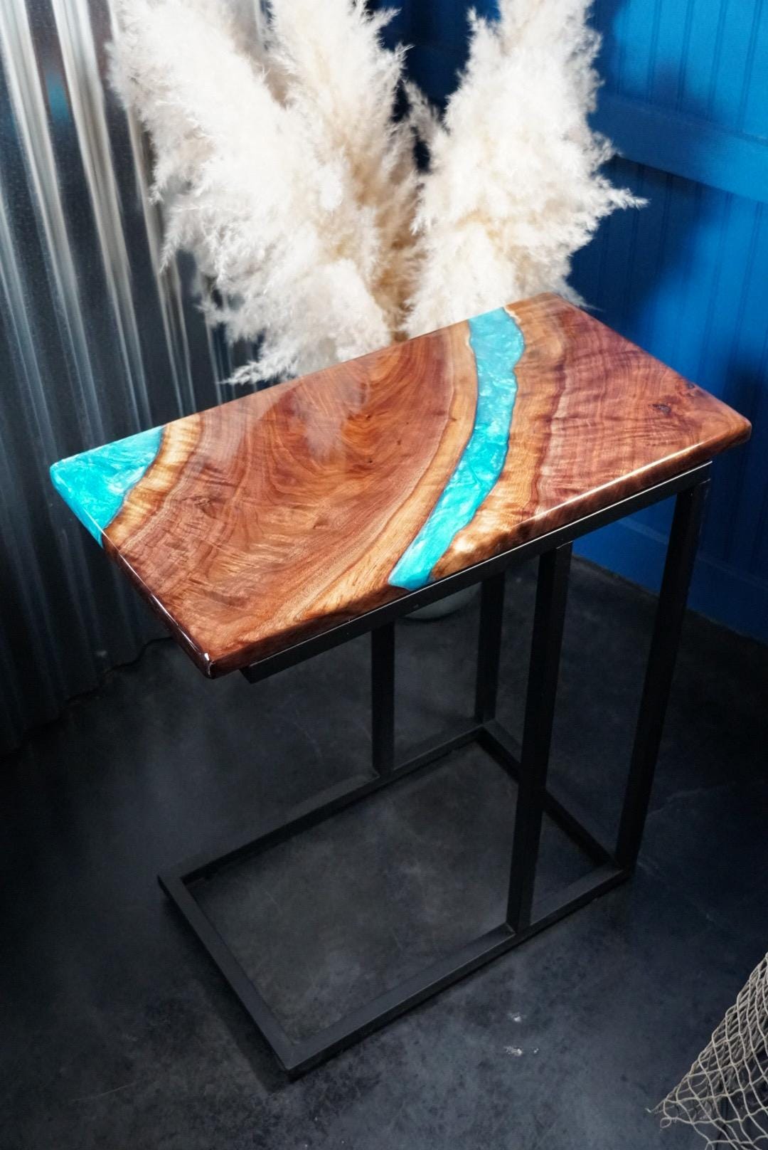 Turquoise Blue Epoxy and Walnut River Table, Accent Table, Side Table, End Table, C-Table