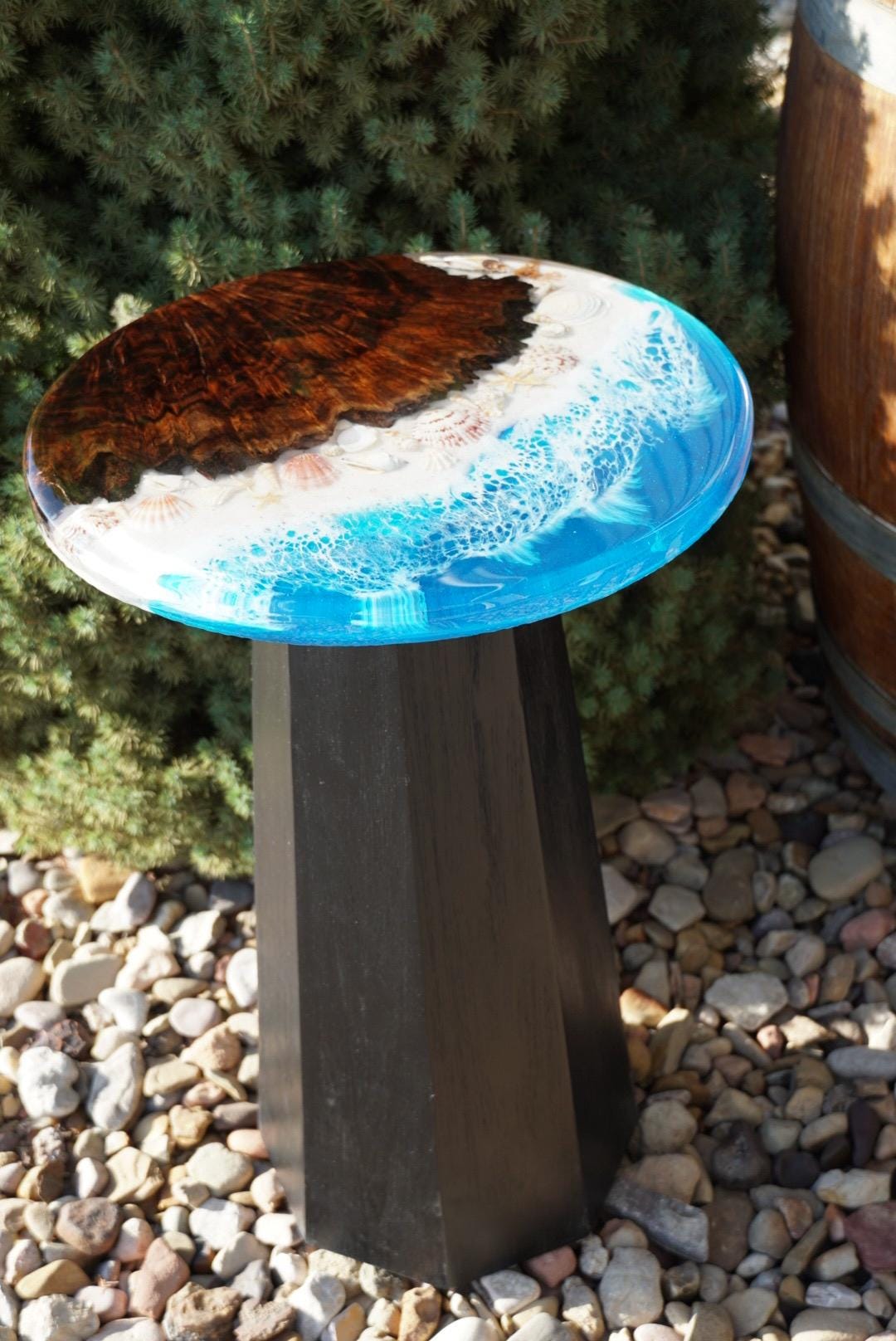 Ocean scape Sea Shell | Walnut Burl | Seaside Accent Table | Side Table | End Table