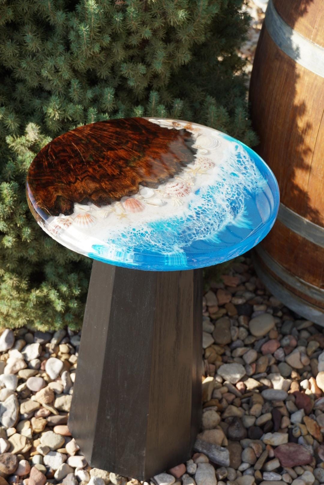 Ocean scape Sea Shell | Walnut Burl | Seaside Accent Table | Side Table | End Table