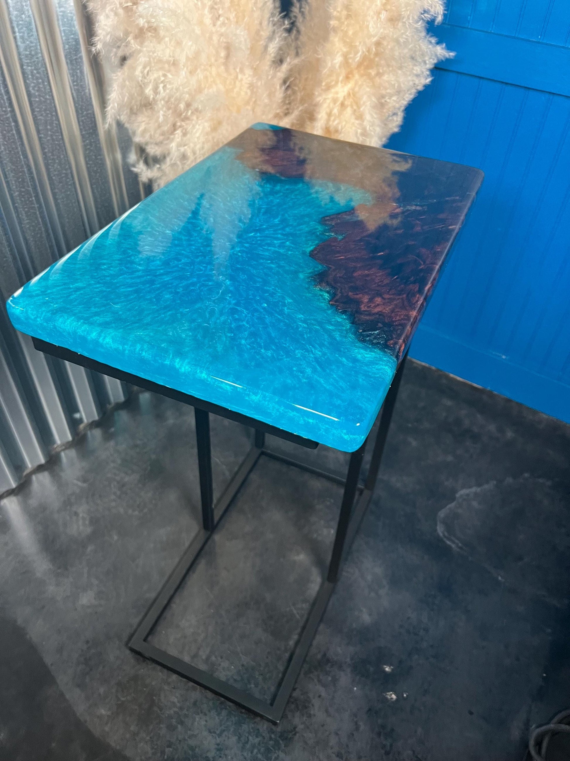 Turquoise Blue Walnut Wood Accent Table, Side Table, End Table, C-Table